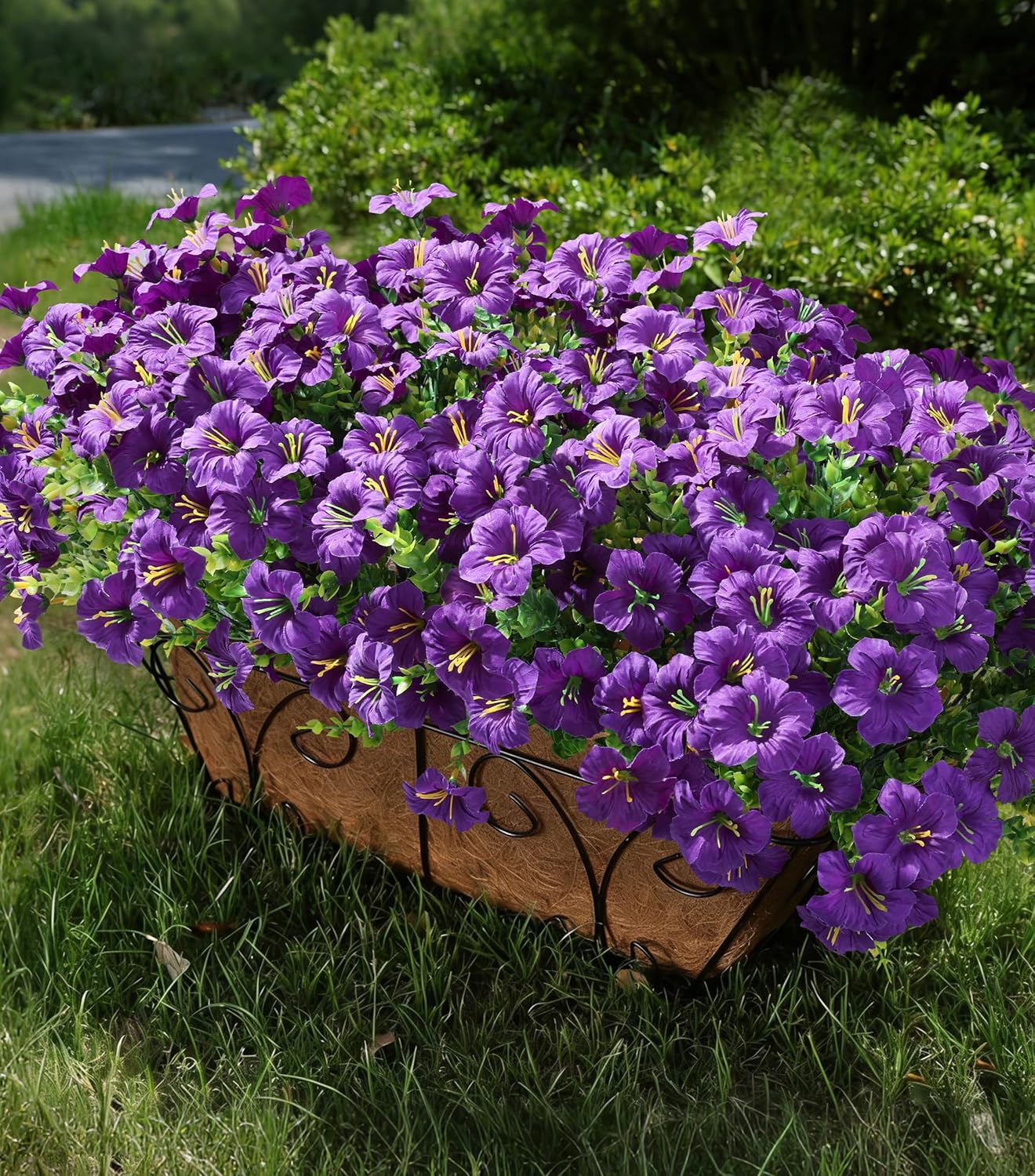 Artificial Flowers for Outdoors Fake Plants Outside Decoration, 20 Bundles Purple Silk Petunia with Eucalyptus UV Resistant Realistic Faux Flowers for Outdoor Planters Garden Balcony Yard Porch Patio