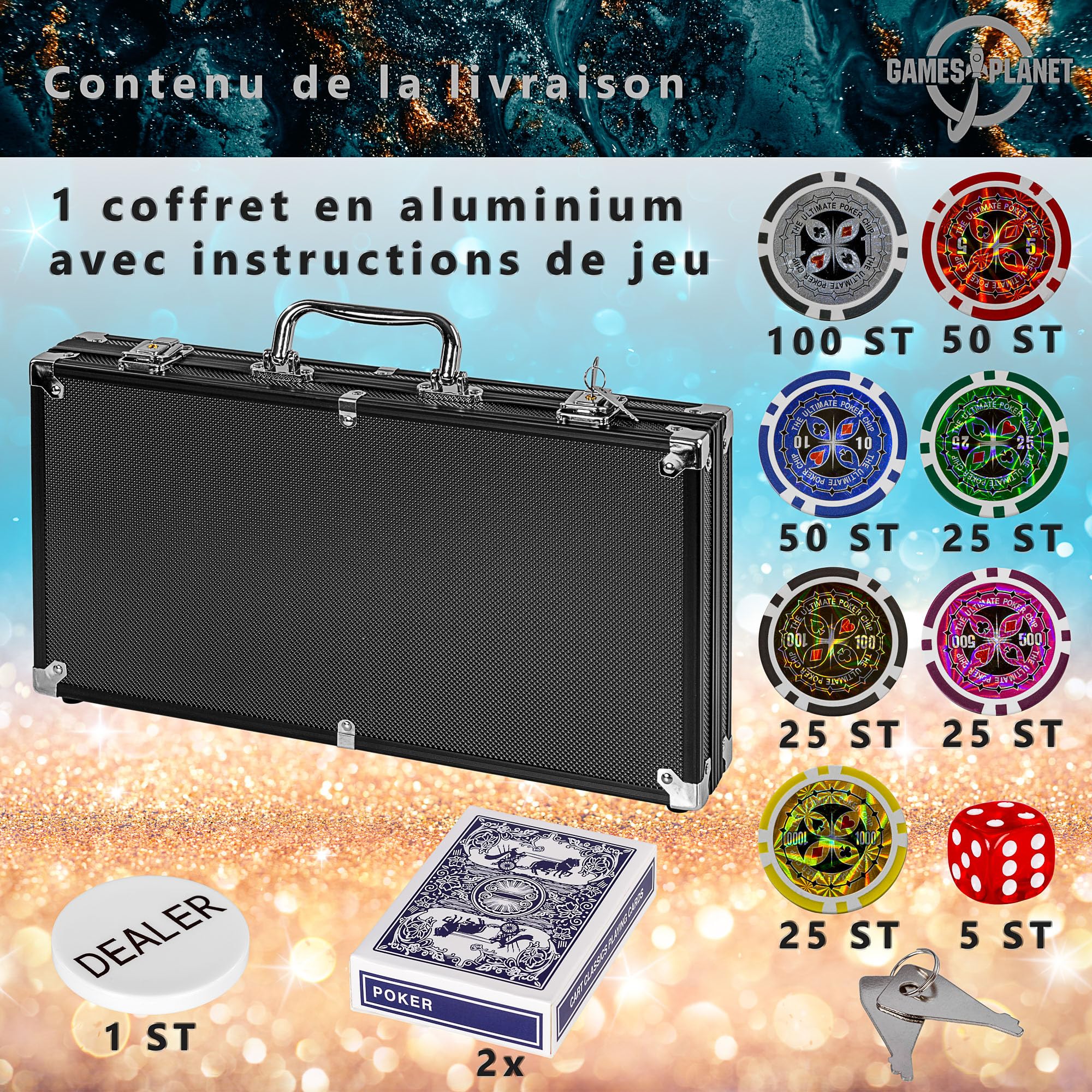 Mallette De Poker Maverick - 300 Jetons + 2 Jeux De Cartes + 5 Dés - Règles Texas Hold'em Incluses - Aluminium
