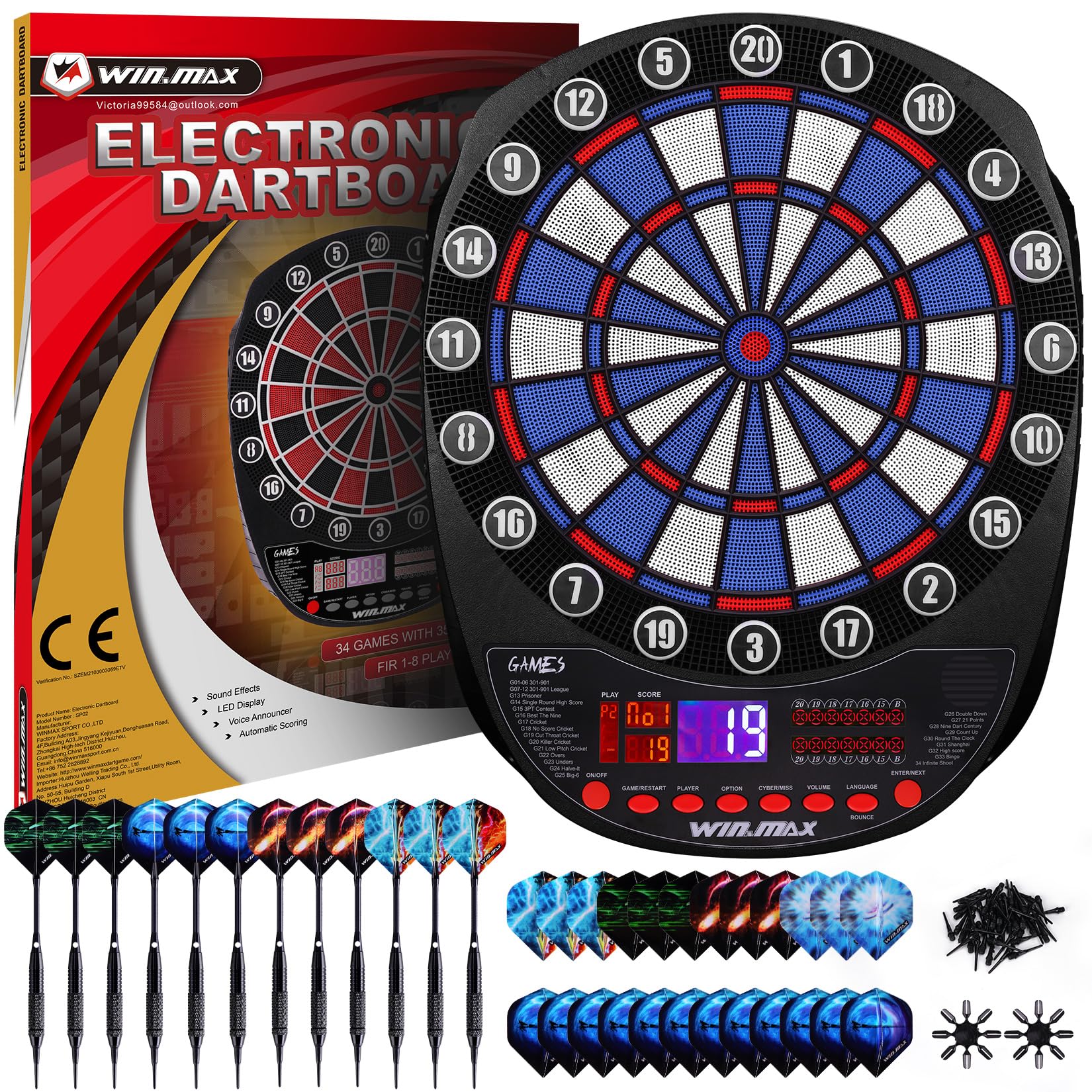 Bersaglio elettronico professionale, 34 giochi con 354 varianti, 3 lingue: tedesco, inglese, francese, per 1 a 8 giocatori con 12 freccette