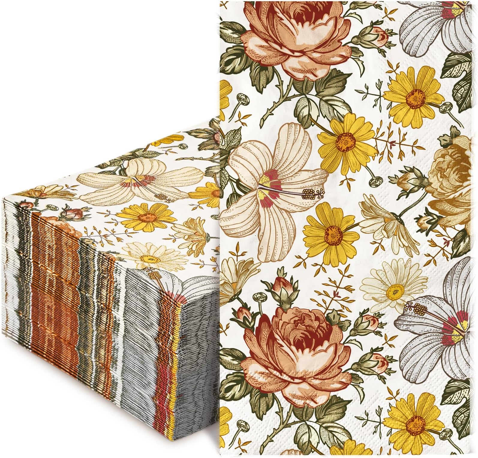 AnyDesign 80Pcs Vintage Boho Floral Paper Napkins Disposable Flower Tropical Leaves