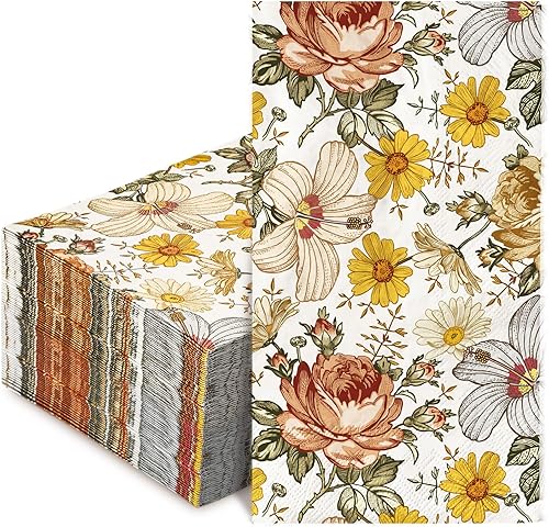 AnyDesign Paquete de 100 servilletas de papel desechables con diseño floral vintage, estilo bohemio, flores, color rojo, peonía, margaritas, flores