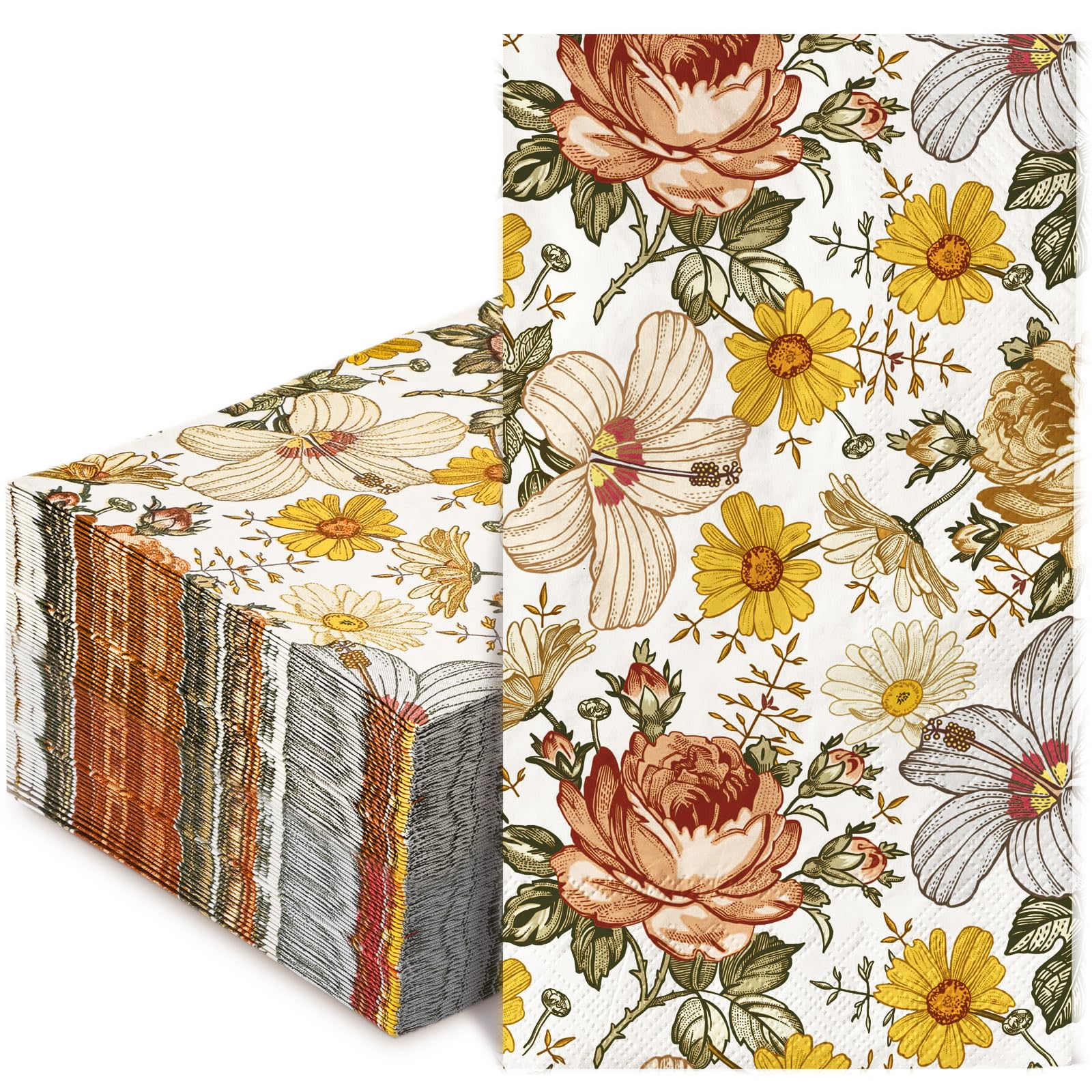 AnyDesign 100 Pack Vintage Floral Guest Napkins Disposable Boho Flower Paper Napkins Red Retro Peony Daisy Wildflower Dinner Hand Napkin for Wedding Birthday Party Supplies, 15.7 x 13 Inch