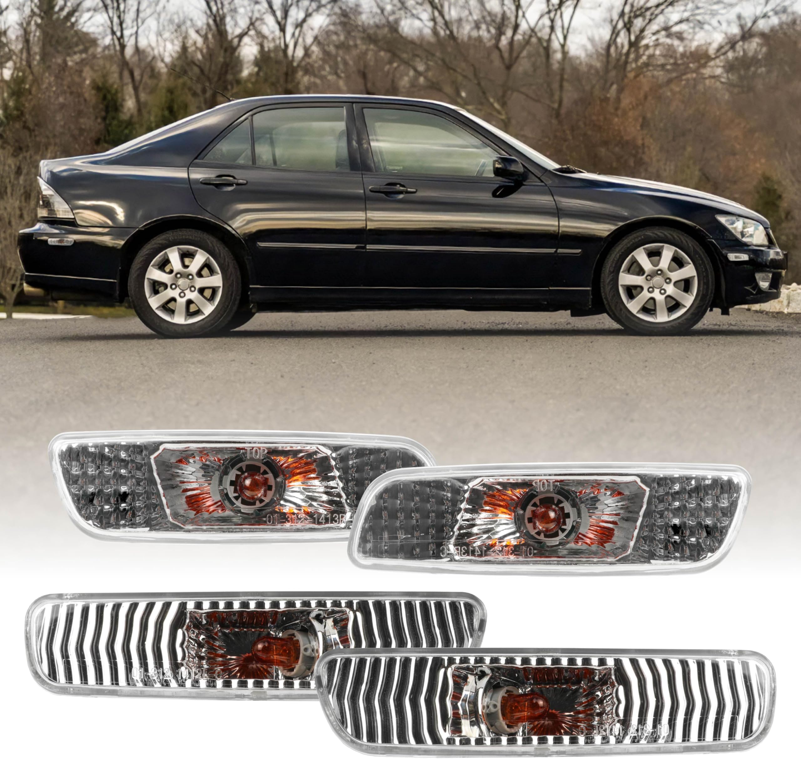 USR 00-05 IS 300 Side Marker Lights Sets - Combo Front + Rear Bumper Sidemarker Lamps (4 Pieces – Left & Right) - Compatible with 2000-2005 Lexus IS200 / IS300 (Clear Lens, Plug & Play Ready)