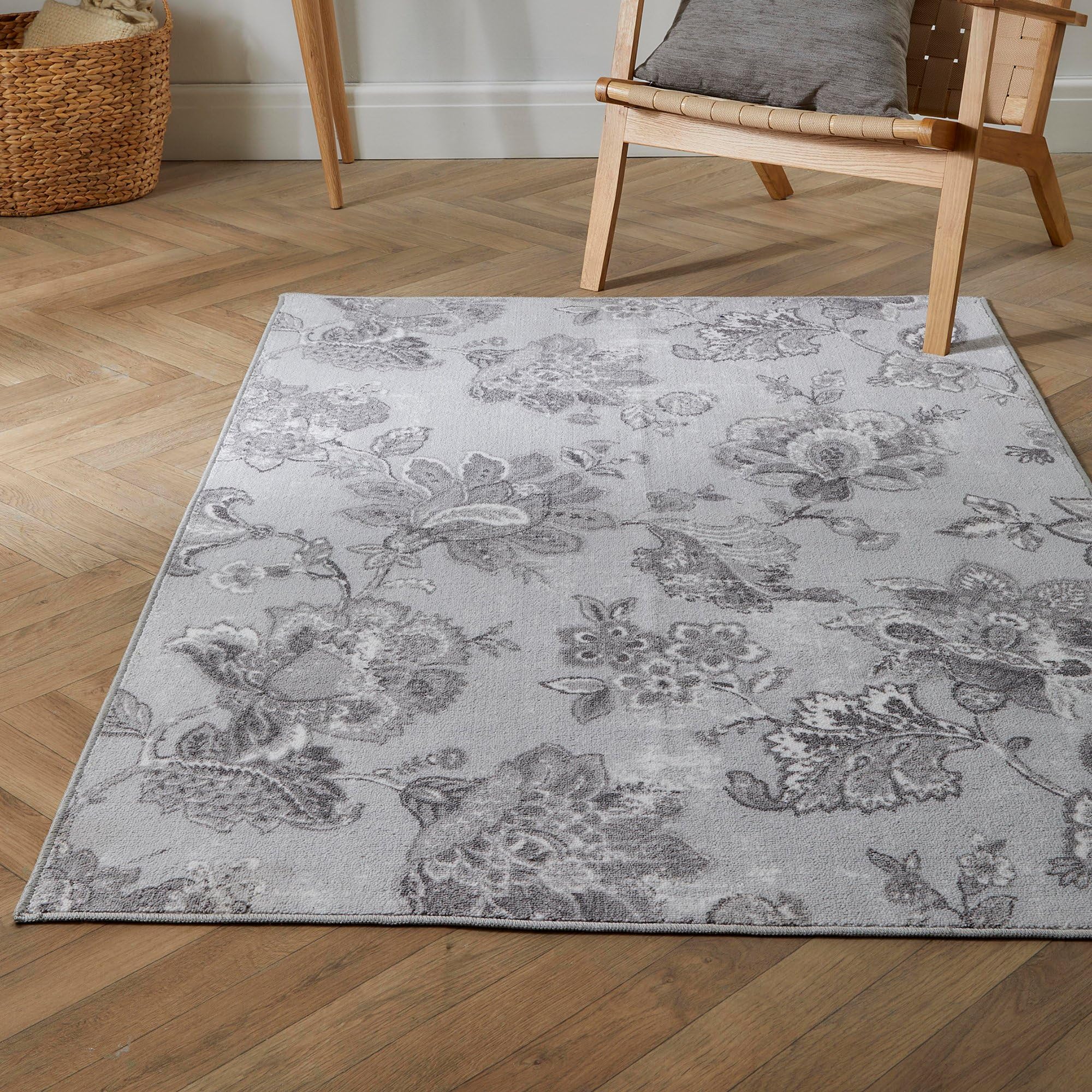Dreams & Drapes - Vintage Floral Rug (180 x 120cm) - Low Pile (Hypoallergenic), Machine Washable & Non-Slip in Grey for Living Room & Bedroom