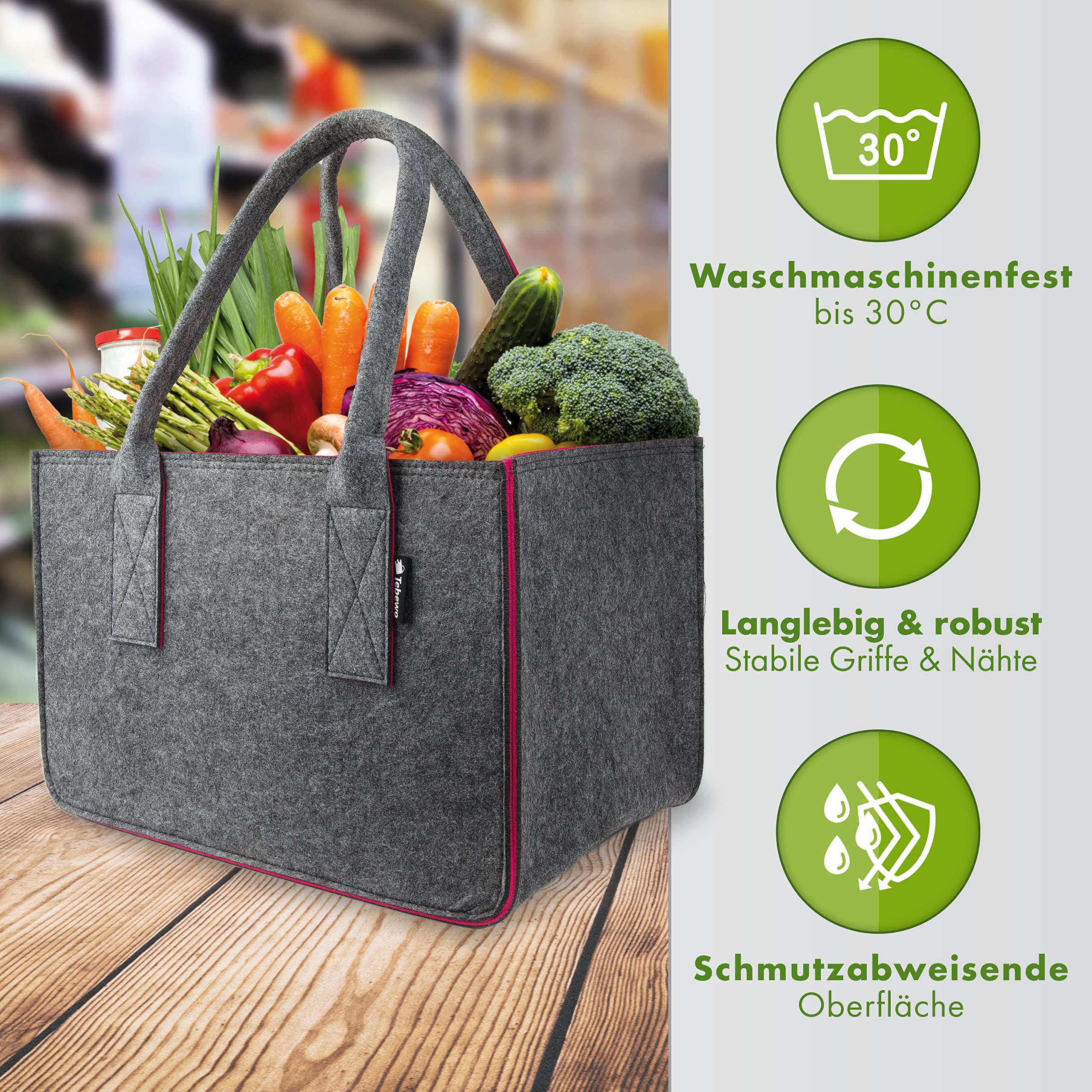 MADAME GONGO Set di 2 borse in feltro XL & L Borsa della spesa con manici, pieghevole, robusta, ideale per la spesa, riviste e legna da ardere, shopper, borsa in feltro, cestino