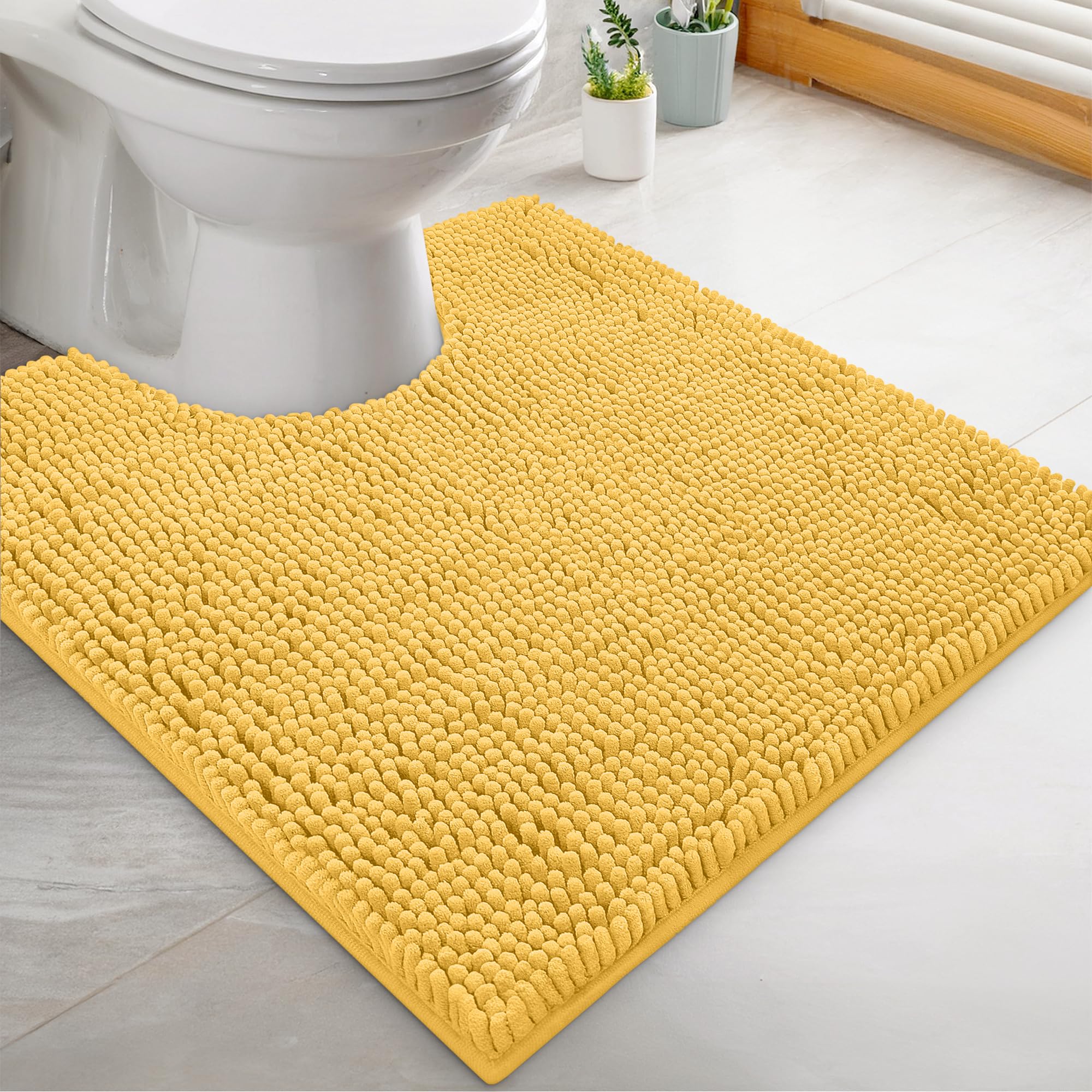 LuxUrux U-Shaped Toilet Bath Mat – Absorbent & Non-Slip Contoured Rug for Toilet Base, Plush Chenille, Machine Washable (20 x 20 inch, Yellow)