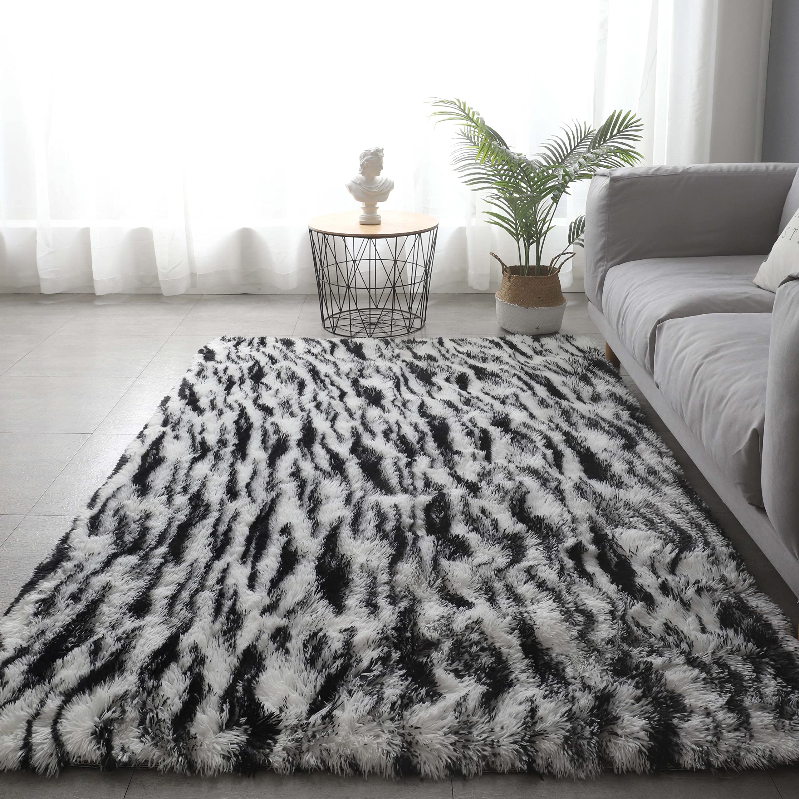 Gefosin Luxury Shag Rugs for Bedroom Living Room, 4x5.2 Feet Tie Dye Fluffy Bedside Rug for Bedroom, Large Non-Slip Carpet Washable Ideal Home Decor, Black White Zebra Stripes