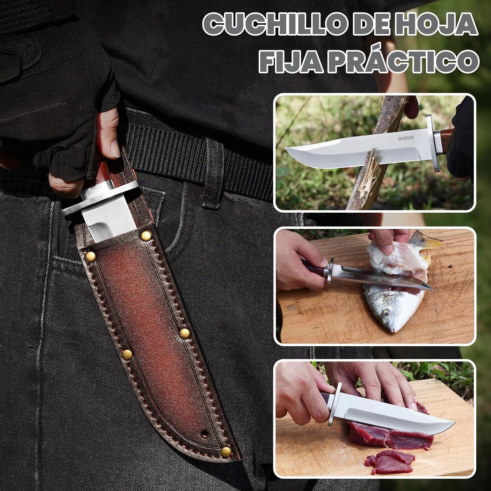 Omesio Cuchillo Outdoor Hoja Fija 5Cr14MoV con Funda de Cuero | Mango de madera maciza con funda de cuero, ideal para camping, senderismo y actividades al aire libre.