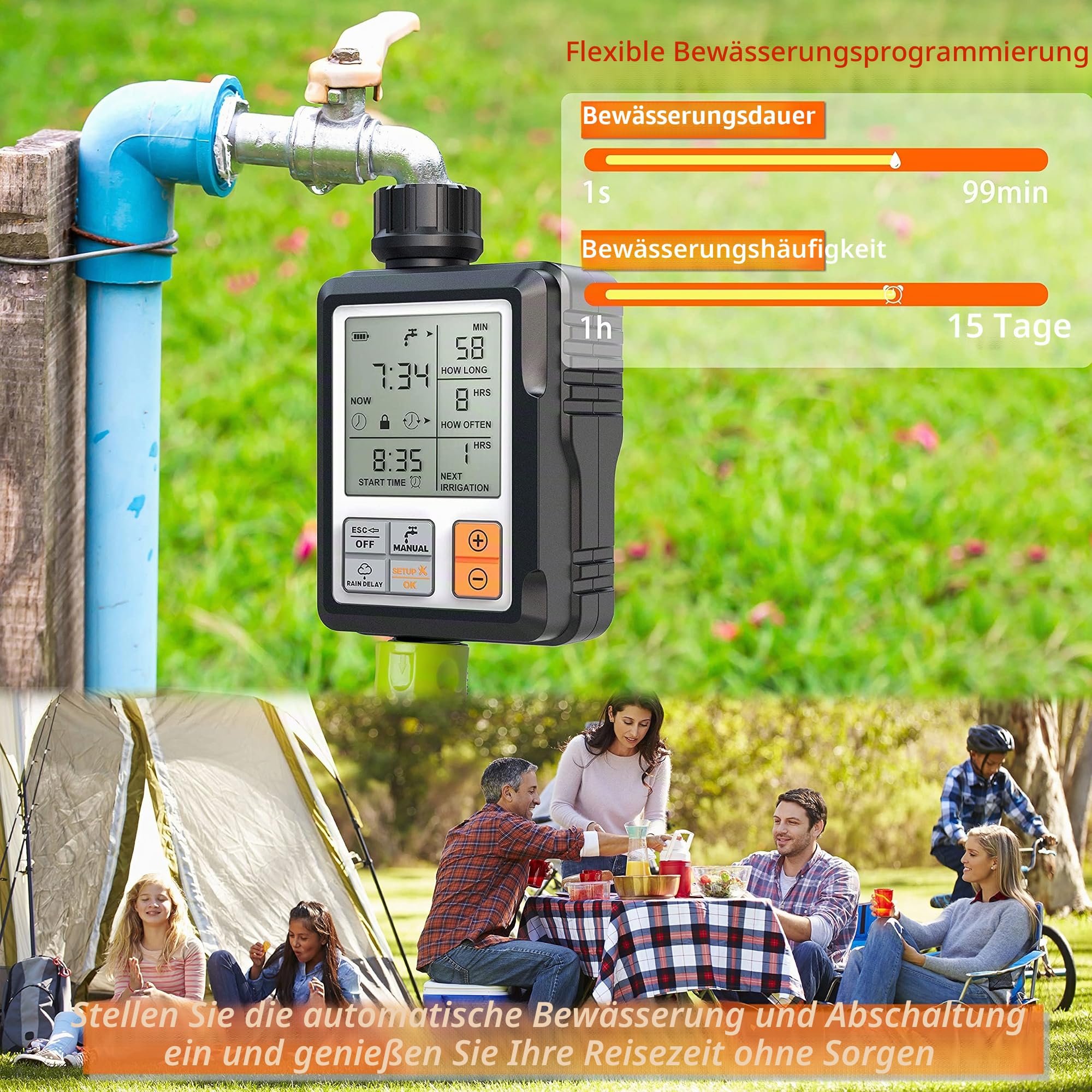 CROSOFMI Bewässerungscomputer Wasserzeitschaltuhr Garten Zeitschaltuhr Bewässerung,Großes 3-Zoll-Display Regenverzögerung und Kindersicherung