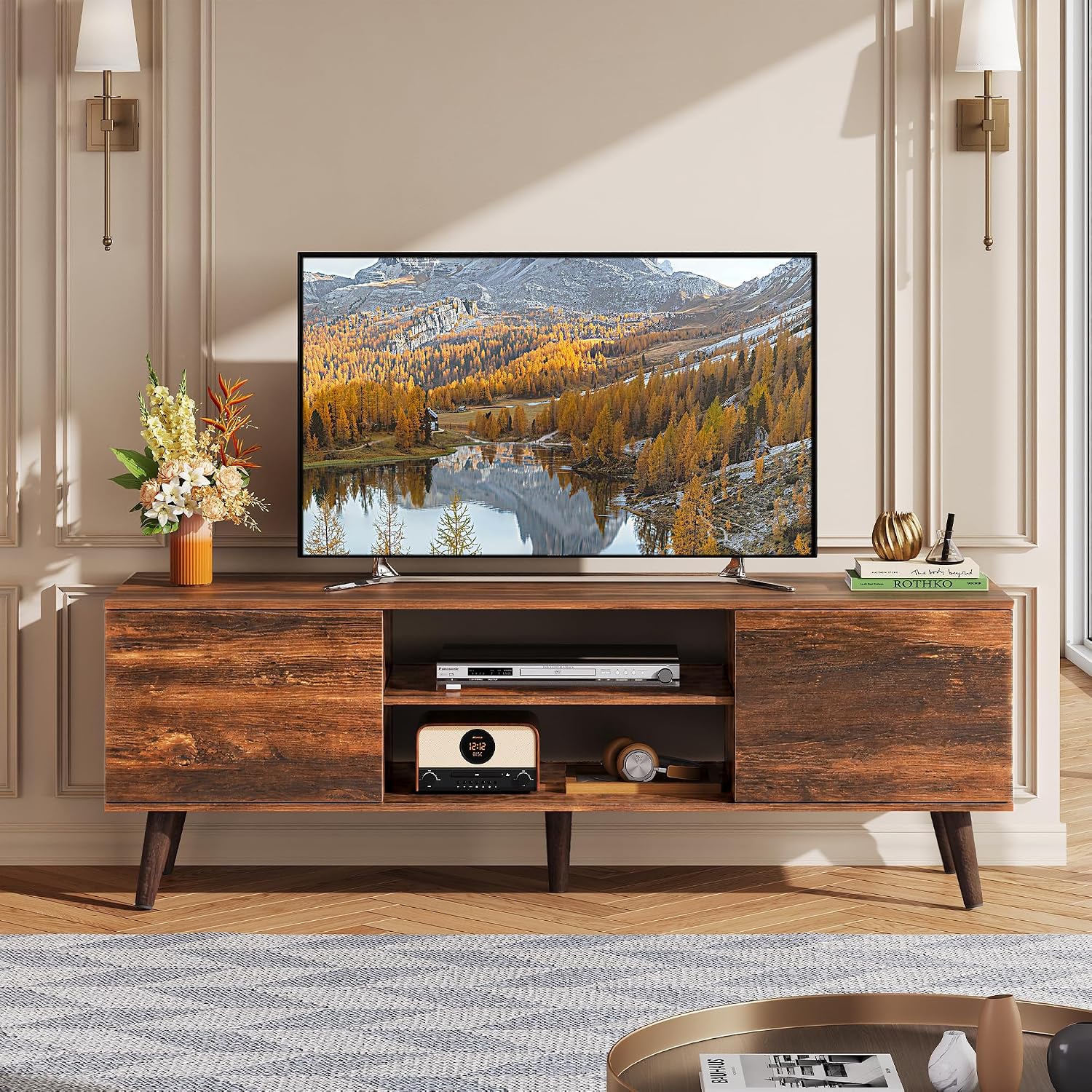 WLIVE TV Stand for 55 60 Inch TV, mid Century Modern Entertainment Center with 2 Cabinets Storage & Adjustable Shelf, Media Console Table for Living Room, Bedroom, Media Furniture, Retro Brown
