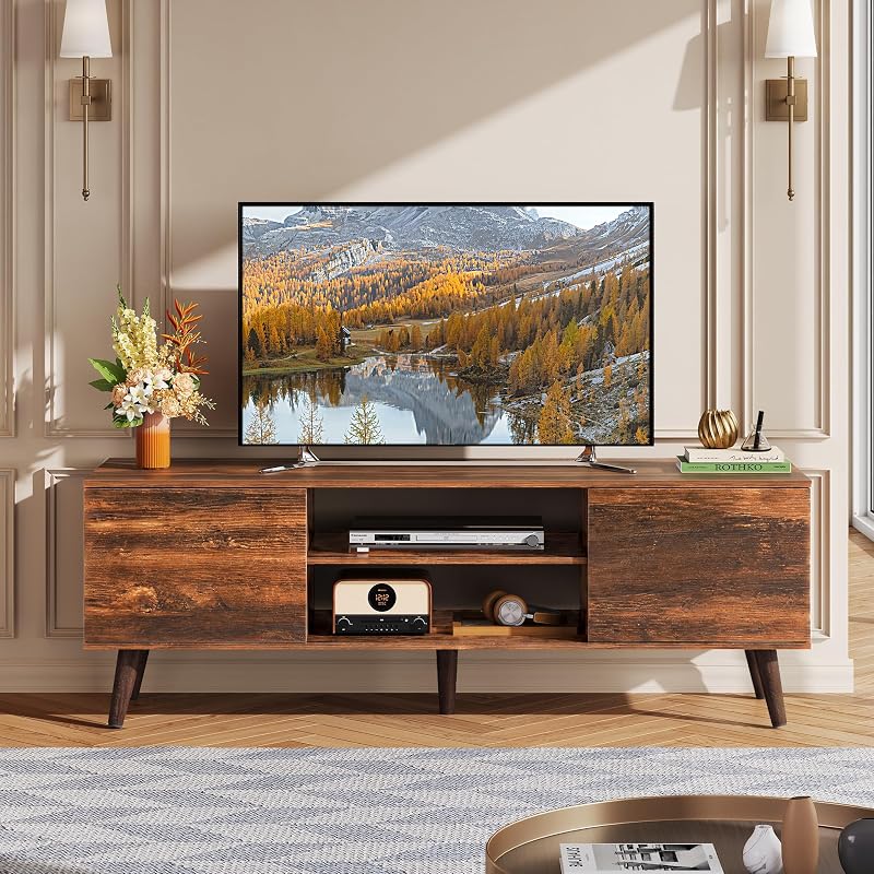 WLIVE TV Stand for 55 60 Inch TV, Mid Century Modern, Retro Brown image 2