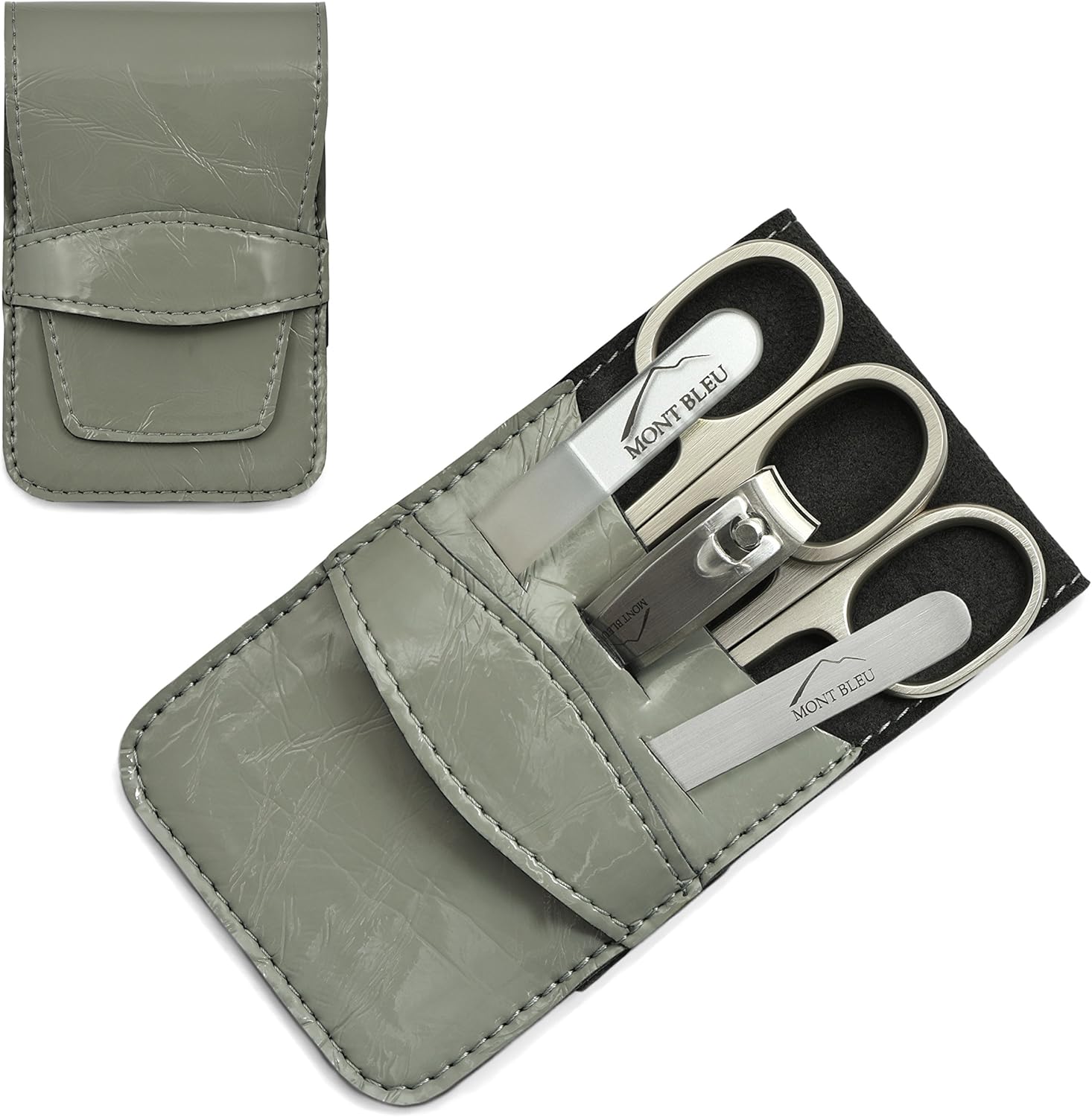 Mont Bleu 5-piece Manicure Set with crystal nail file, in Cruelty Free Grey Leatherette Case | Italian Scissors - Silver Czech Crystal Nail File - German Case