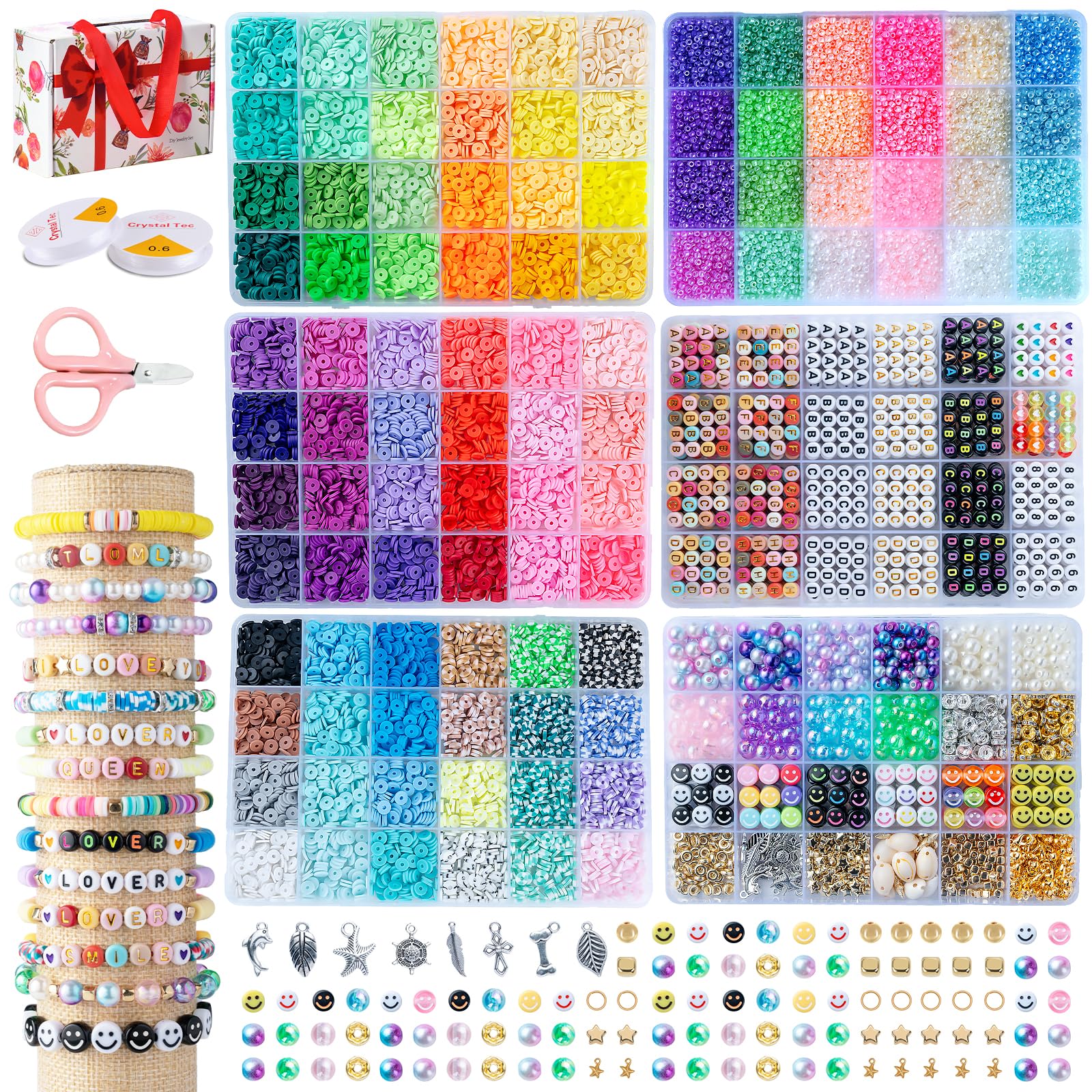 SJZWSD 6-Box Friendship Bracelet Making Kit - 16,000pcs Clay Beads, Seed & Glass Collection, Jewelry Making Kit, Letter Beads, Charms