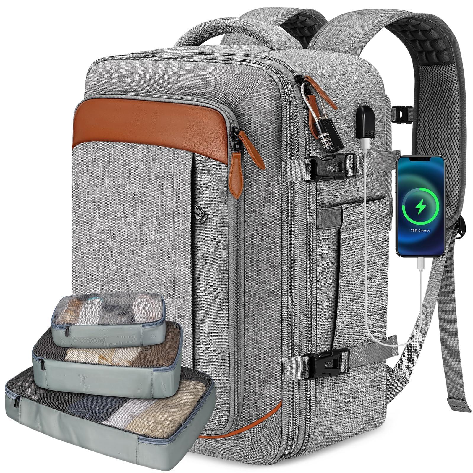 Vancropak Carry on Backpack, Flight Approved 18x14x8 Travel Backpack with 3 Packing Cubes, Expandable Large 40L Travel Bag fits 17.3" Laptop, Anti Theft Luggage Suitcase Weekend for Women Men, Grey