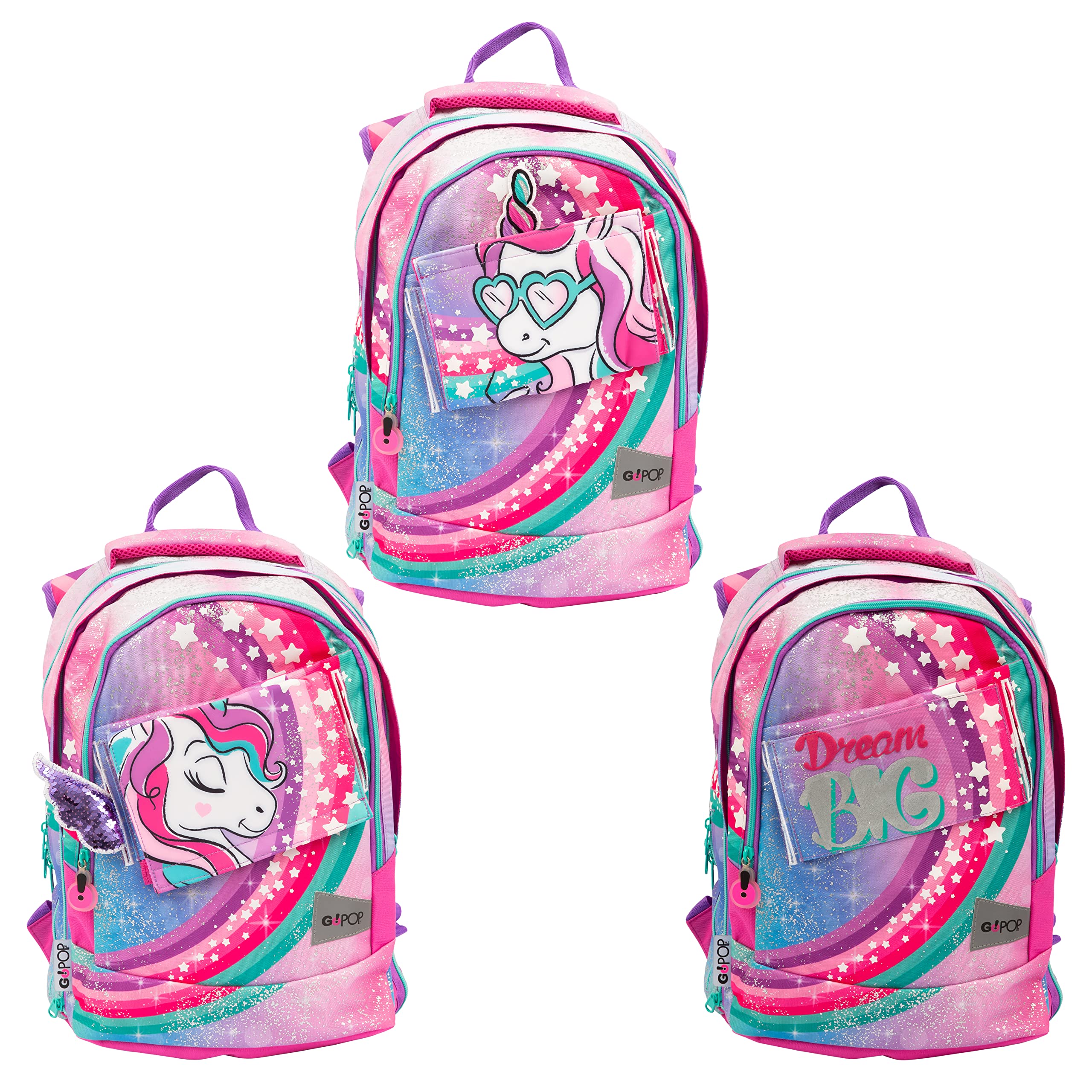 Go Pop - Zaino Estensibile - con 3 Grafiche Frontali Intercambiabili e Pop-Up, 3 Scomparti con cerniera, Schienale e Spallacci Imbottiti, adatto alla scuola primaria, 31 l x43 h x17,5 p cm