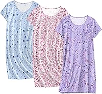 Ekouaer 3 Pack Cotton Nightgowns for Women - Short Sleeve Sleepshirts, Print V-Neck/Round Neck Knee Length Lounge Dresses