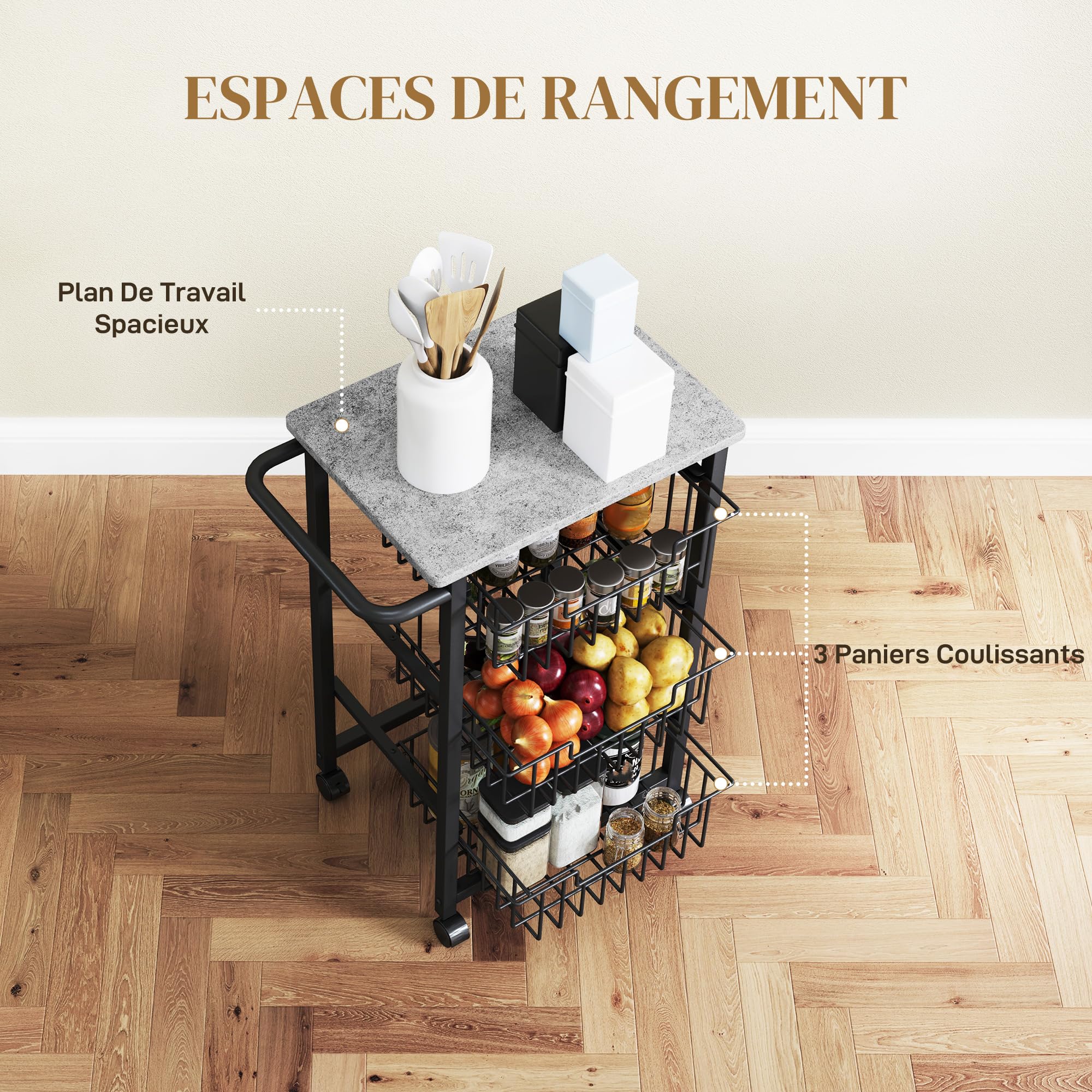 HOMCOM Chariot de Rangement à 4 Niveaux, 3 paniers extractibles, desserte à roulettes, Plateau et poignée, desserte Cuisine compacte pour Chambre, Salon, Bureau, 49,5x31x69cm, Gris Clair Noir