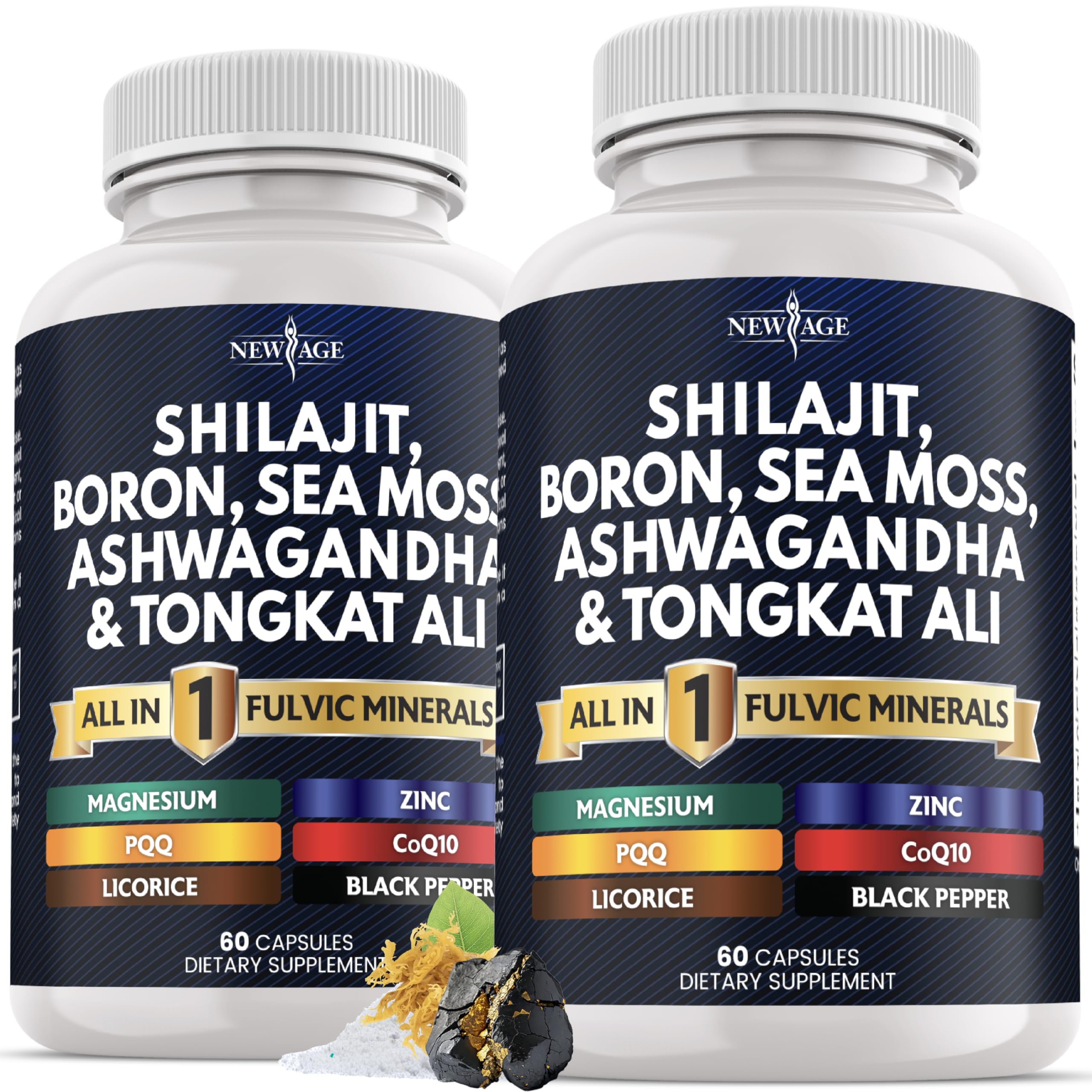 Shilajit Supplement with Sea Moss, Ashwagandha, Tongkat Ali, Boron, Magnesium - Fulvic Acid Capsules - 120 Count 60 Count (Pack of 2)