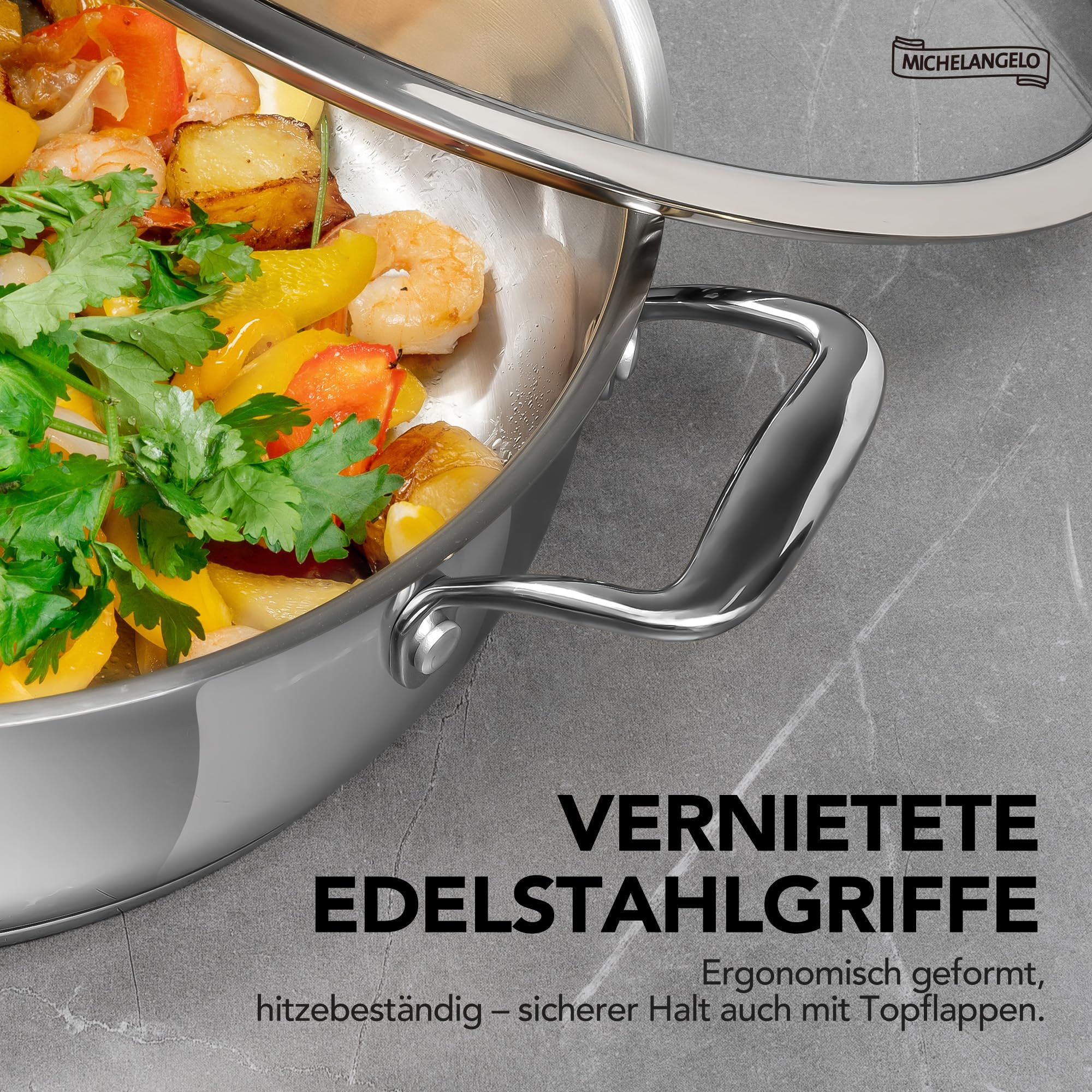 MICHELANGELO XL Schmorpfanne 30 cm mit Glasdeckel (5,7 Liter) - Unbeschichtete Edelstahl Bratpfanne PFAS-frei, Hohe Pfanne für Induktion & Backofen