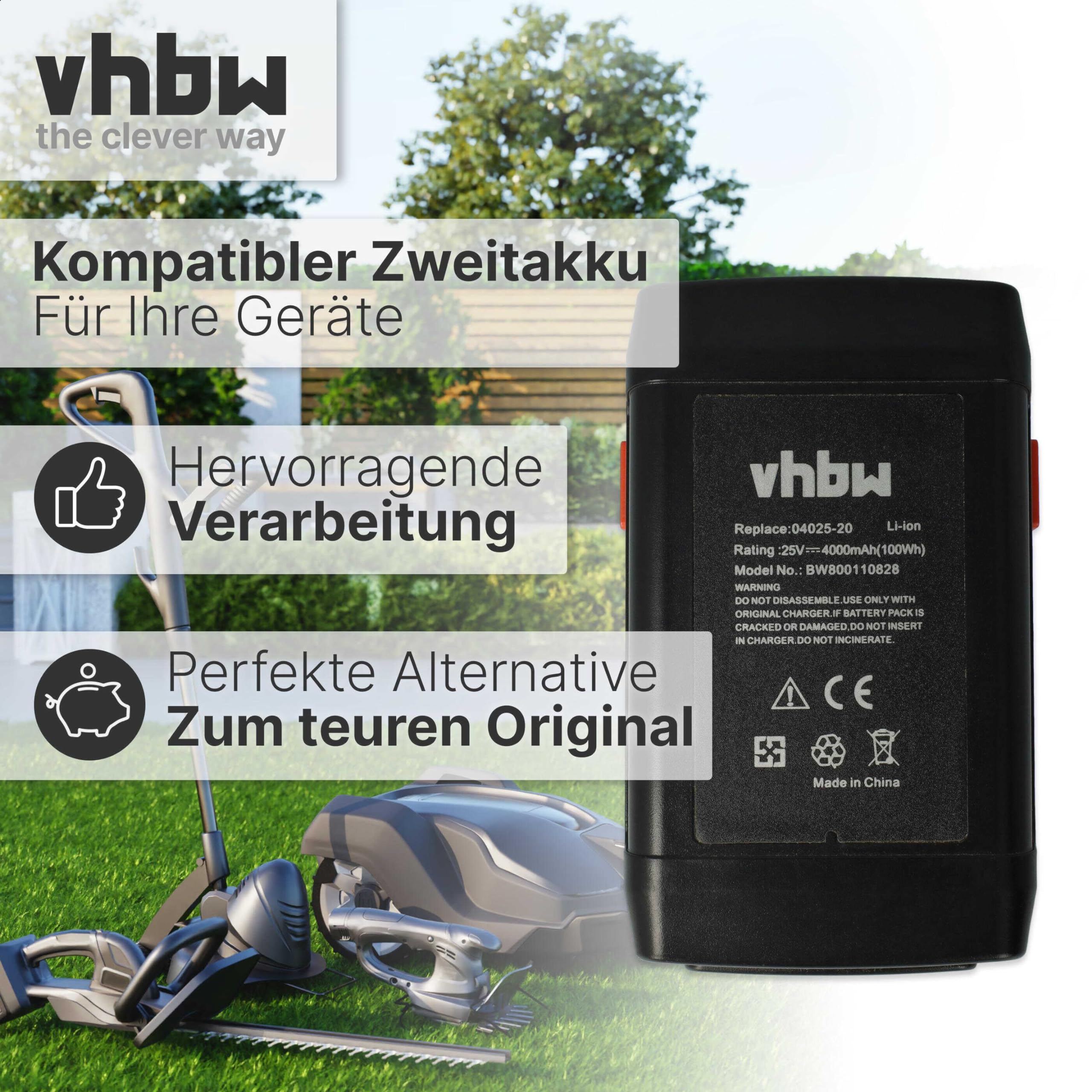 vhbw Batería Compatible con Gardena 525563001, 4025-00.640.00 cortacésped 4000mAh 25V Li-Ion