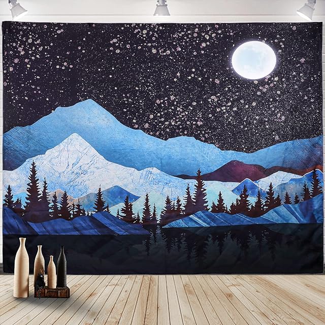KissDate Mountain Wall Tapestry Moon Tapestry Forest Tree Tapestry Landscape Tapestry Stars Psychedelic Nature Wall Hanging Tapestries Home Decorations For Bedroom Living Dorm Room (150x130cm, Blue)