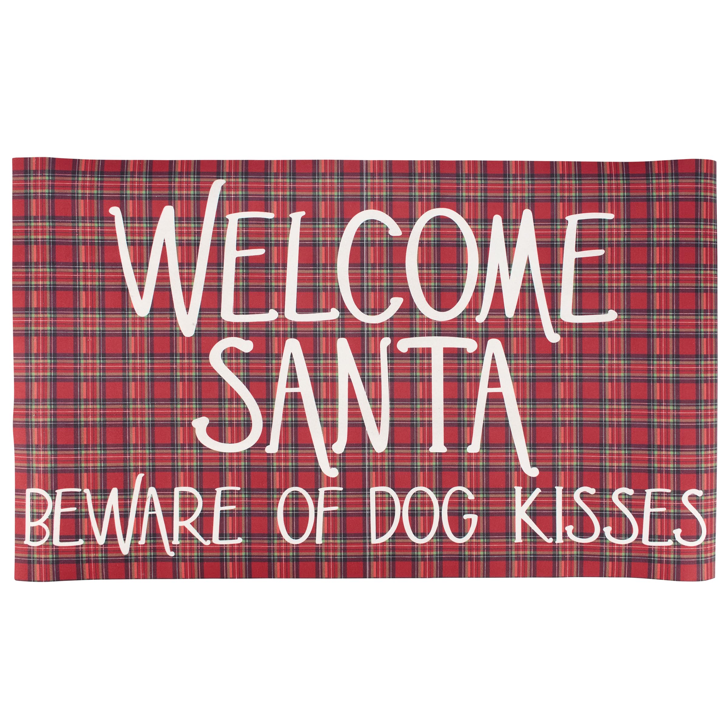 Photo 1 of ***FACTORY SEALED***Primitives by Kathy Rug-Welcome Santa - Beware of Dog Kisses Holiday Pet/Christmas Plaid/Fun pet-Theme/Skid-Resistant