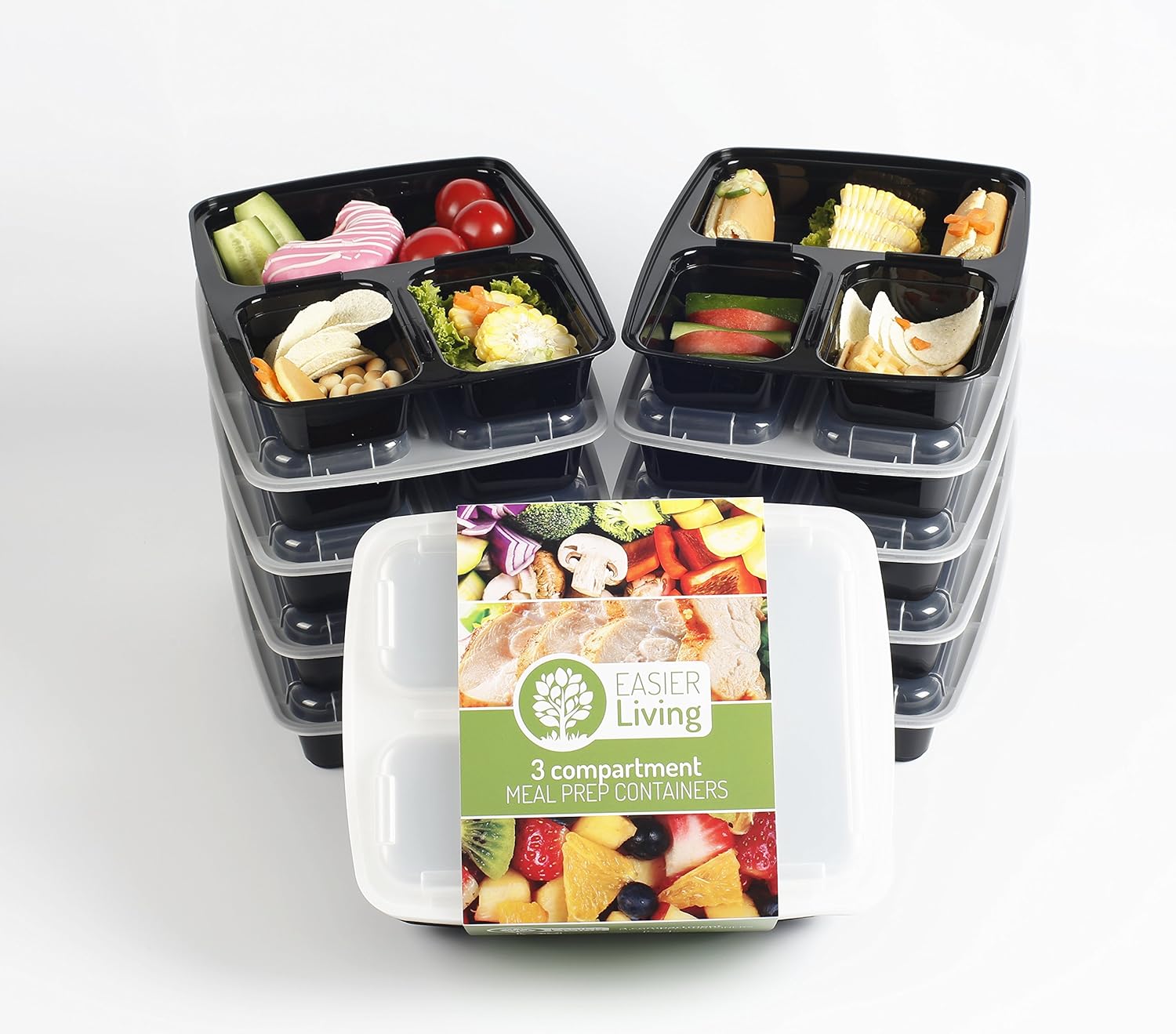 Pack of 10 Meal Prep Containers with 3 Compartments and lids Reusable