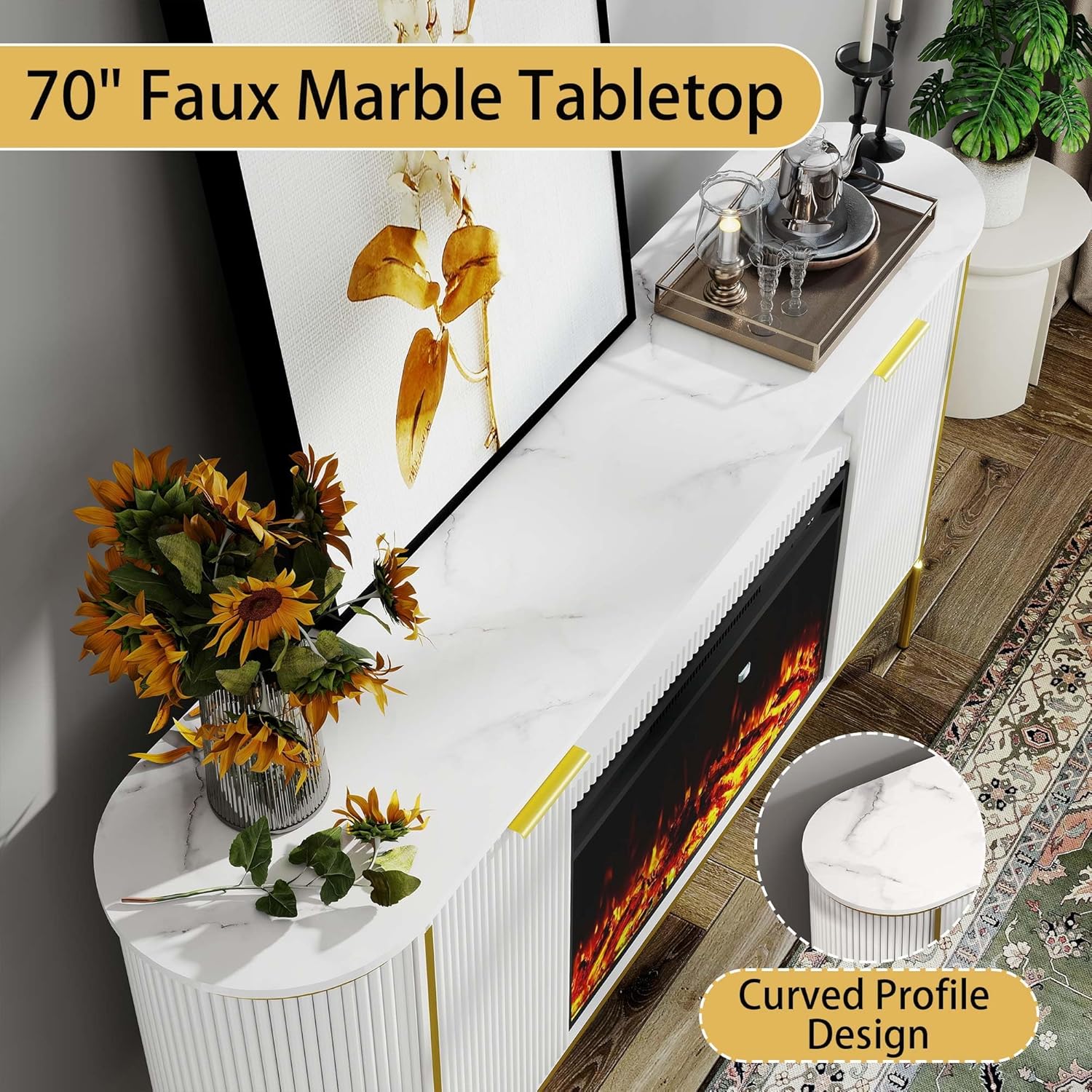 Fluted Fireplace TV Stand: 70" White Entertainment Center for TVs Up to 80 inch, Luxury Media Console with 30" Electric Fireplace, Modern TV Consoles for Living Room, Faux Marble Top - Image 7
