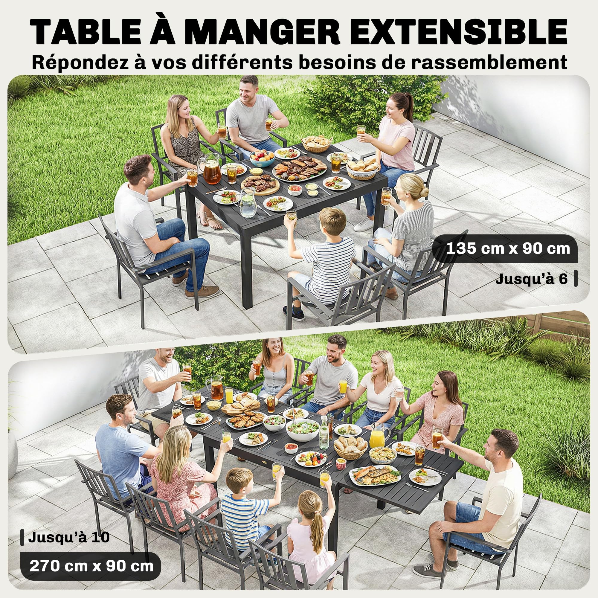 Outsunny Table de Jardin Extensible Aluminium 135-270cm 6-10 Personnes Gris Anthracite
