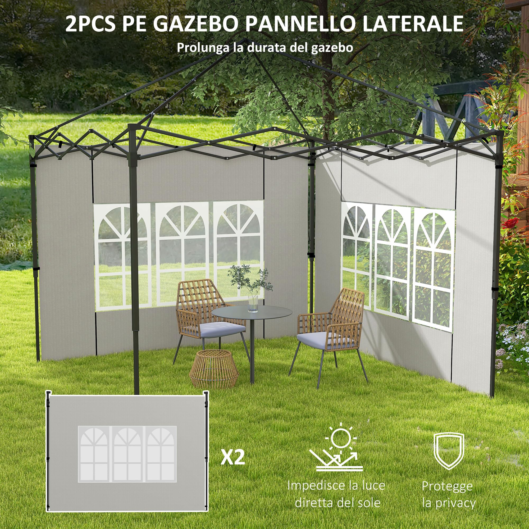 Outsunny Set 2 Pareti Laterali per Gazebo 3x3 m e 3x6 m, Teli per Gazebo con Finestre in PE e Plastica, Bianco