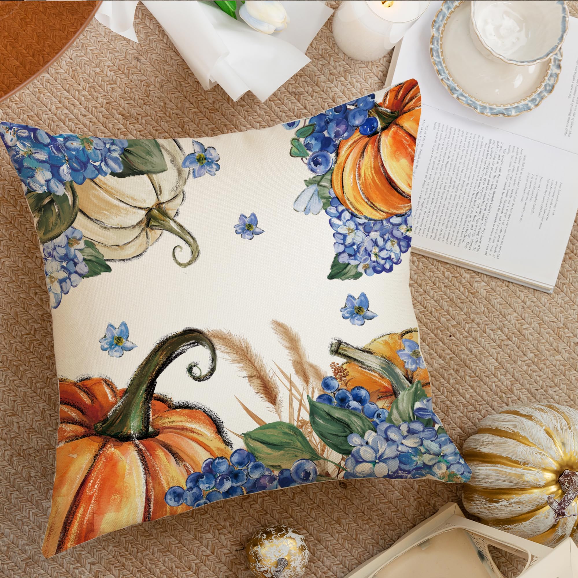 Juego de 4 fundas de almohada de calabaza de hortensias otoñales de 18 x 18 pulgadas, diseño de otoño de Acción de Gracias, diseño floral de temporada, para sofá, sillón, diseño de otoño 3