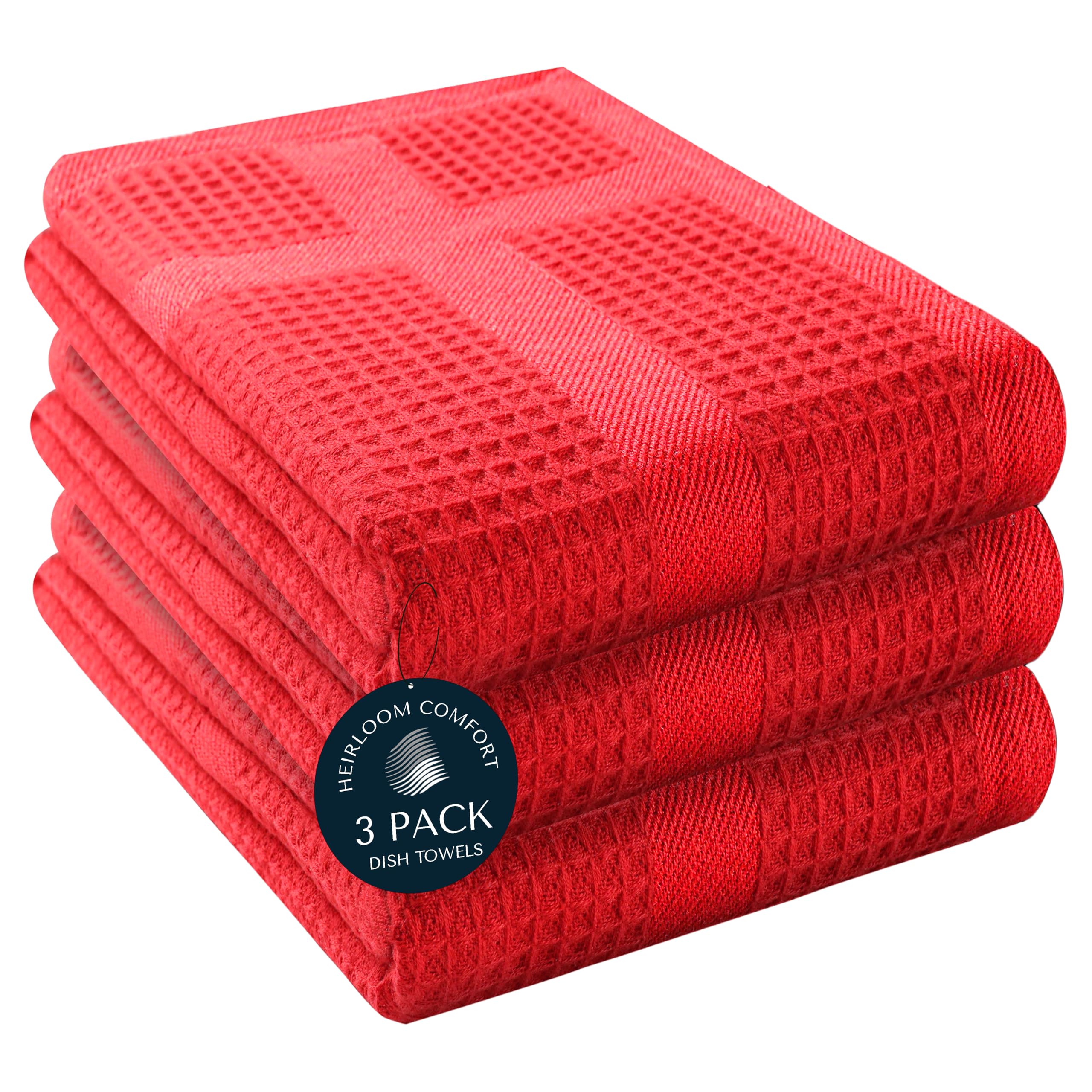 HEIRLOOM COMFORT 3 Pack Red Waffle Weave Kitchen Towels, 40x66 cm, 100% Cotton, Absorbent Dishcloth Set, Quick Drying