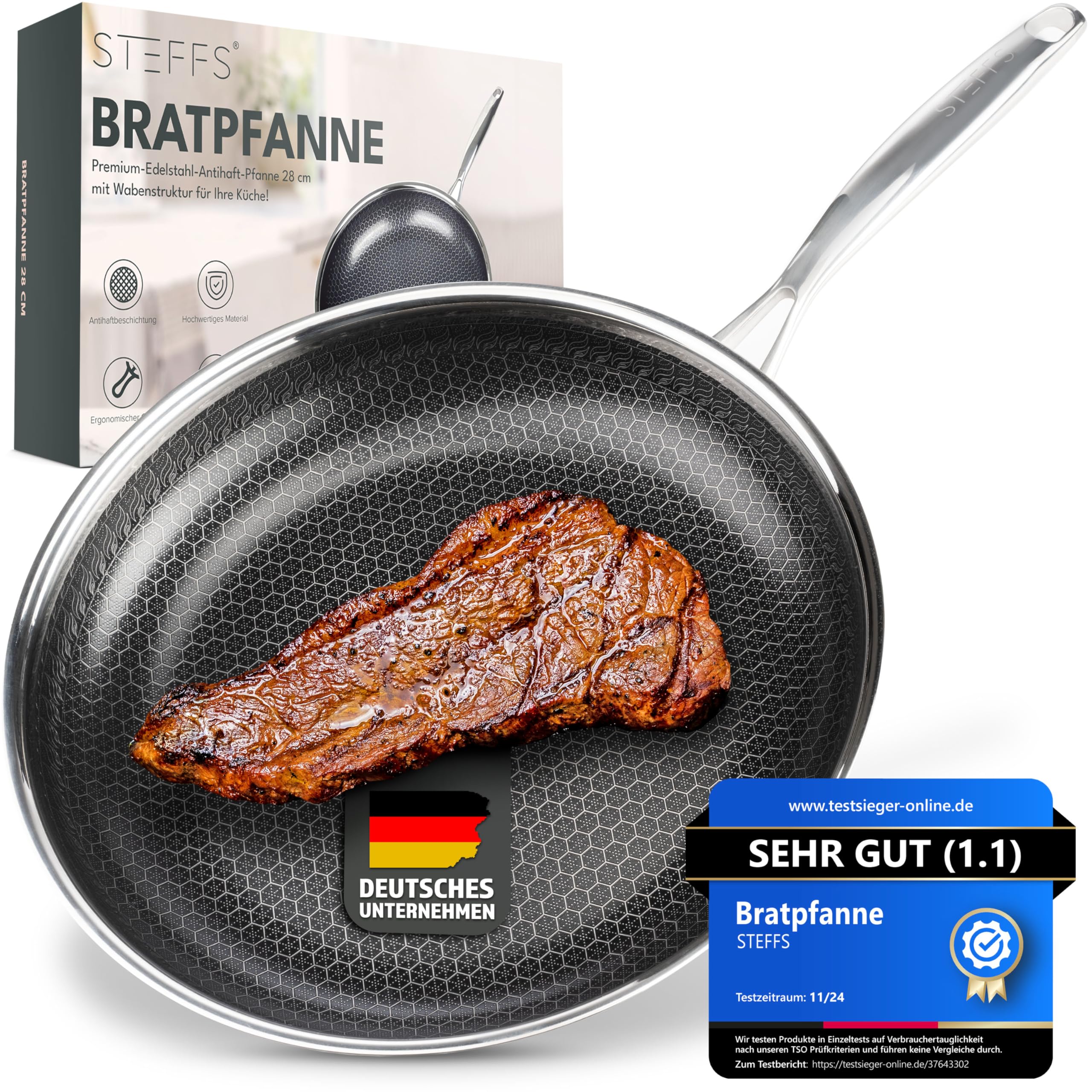 STEFFS® BRATPFANNE mit Waben 28 cm kratzfeste Antihaft Beschichtung - Pfanne alle Herdarten einfache Reinigung Geschenkidee perfekte Bratergebnisse ofenfest Induktion ergonomischer Griff