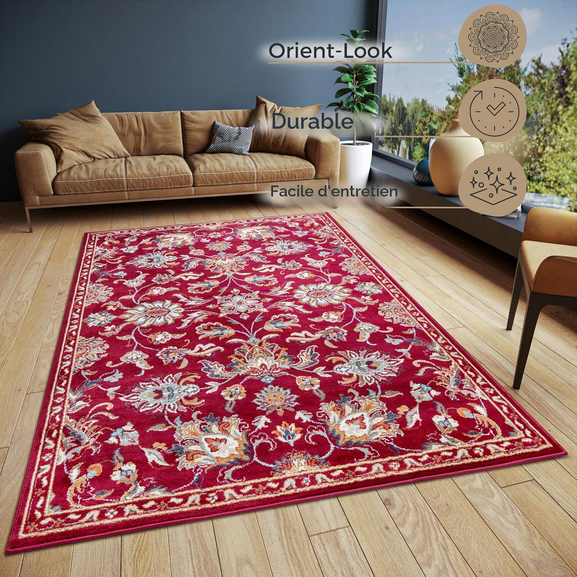 Hanse Home Caracci Tapis oriental classique, tissage serré, avec ornements et motifs floraux, poils courts et doux, pour chambre à coucher, salle à manger, salon, couloir, cuisine, rouge, 120 x 170 cm