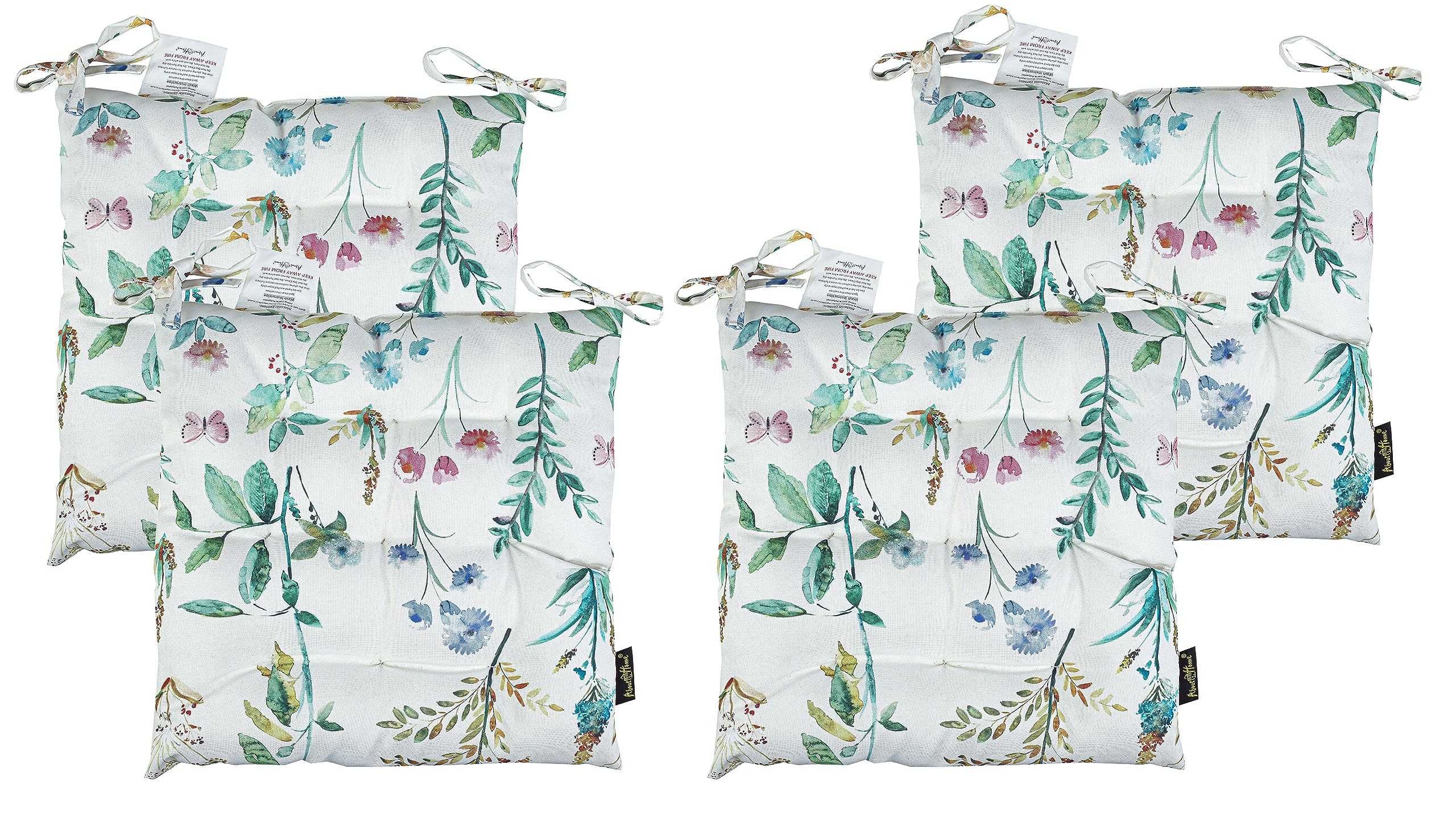 Chair pad - Outdoor indoor water & UV resistant garden cushions with ties For Patio, Dinning, living rooms (CREAM base flowers, 4)