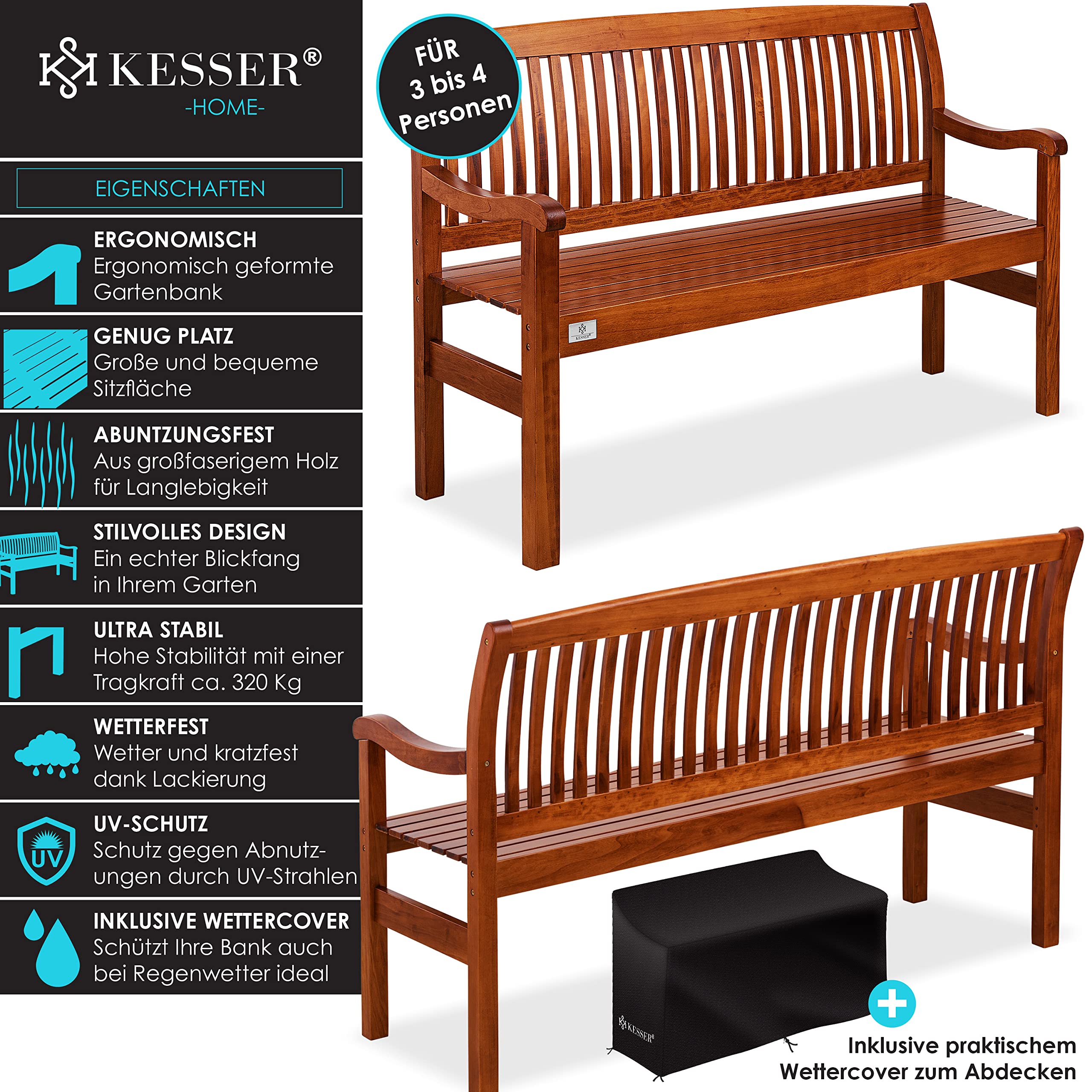 KESSER® Banco de jardín de madera resistente a la intemperie, 150 cm, banco de madera para jardín, 3 – 4 plazas, banco de exterior, banco de balcón de madera maciza, banco de parque, soporta 320 kg