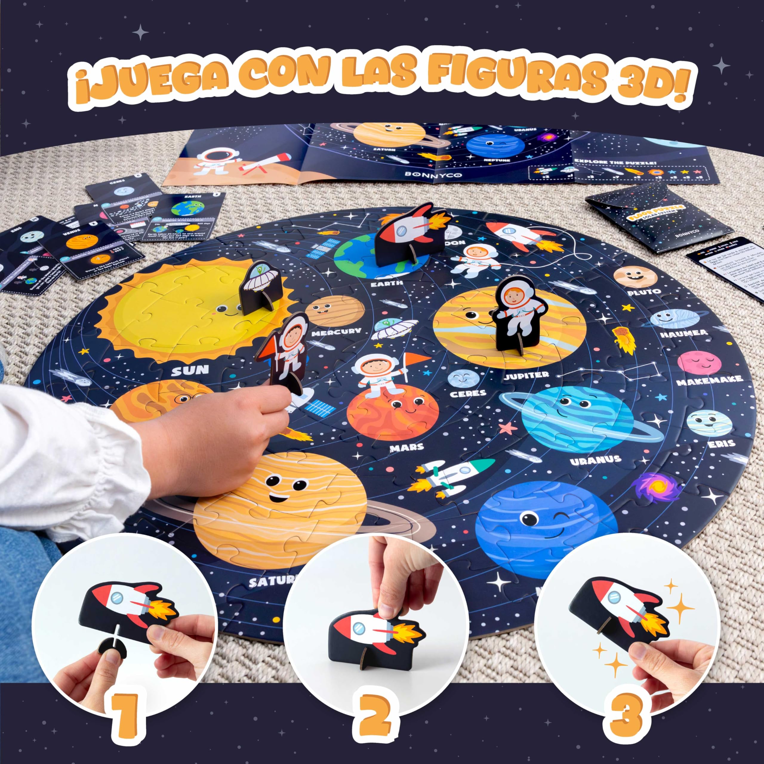BONNYCO Puzzle XXL Sistema Solar para Niños con 70 Piezas Grandes. Rompecabezas Redondo Planetas 58 x 58 cm, 15 Tarjetas, 4 Figuras y Guía. Juegos Educativos, Regalos, Juguetes Niños 4 Años