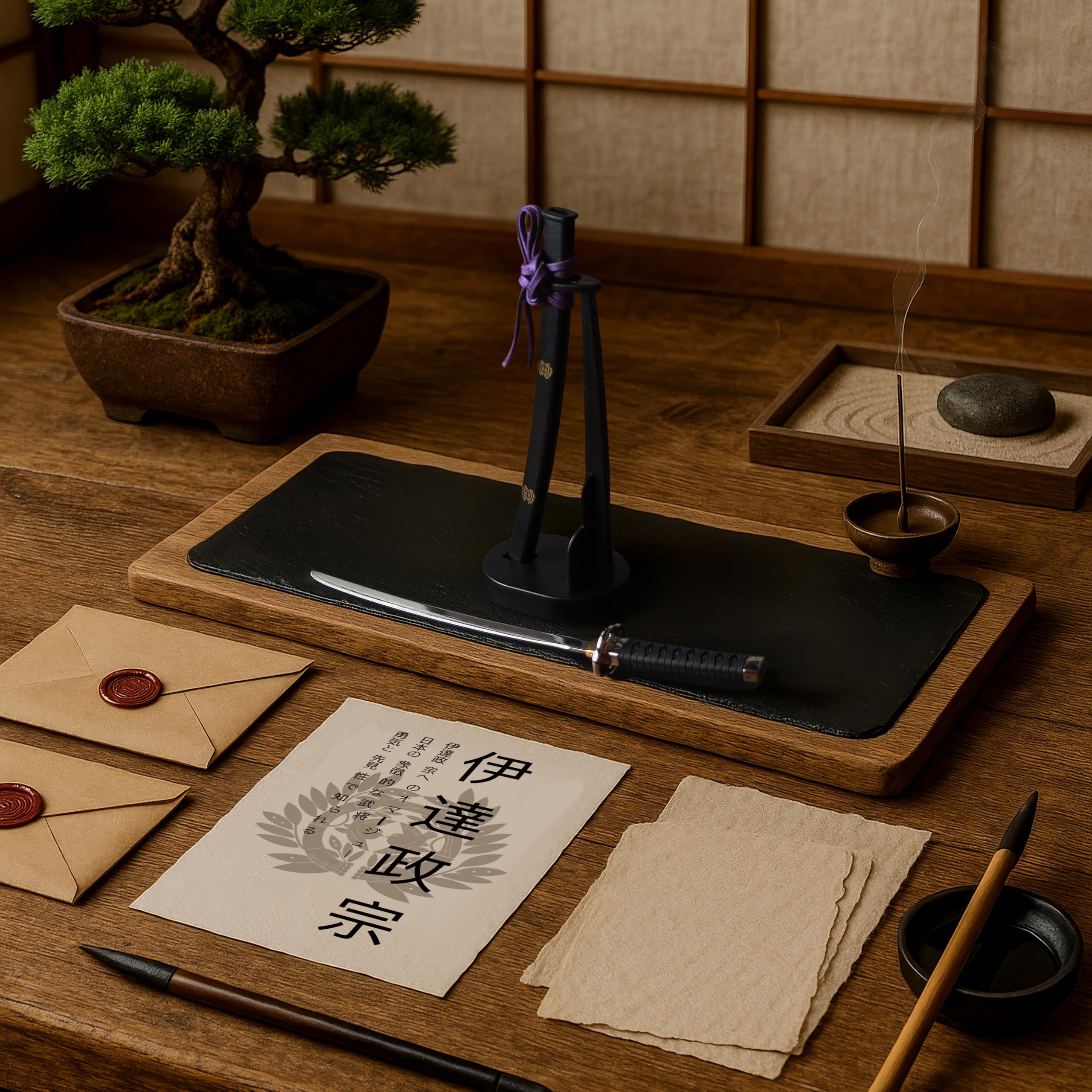 Brieföffner Schwert Mini Katana Schwert Scharf Echt 20 cm Hergestellt in Japan mit Ständer Brieföffner edel Japanische Clans