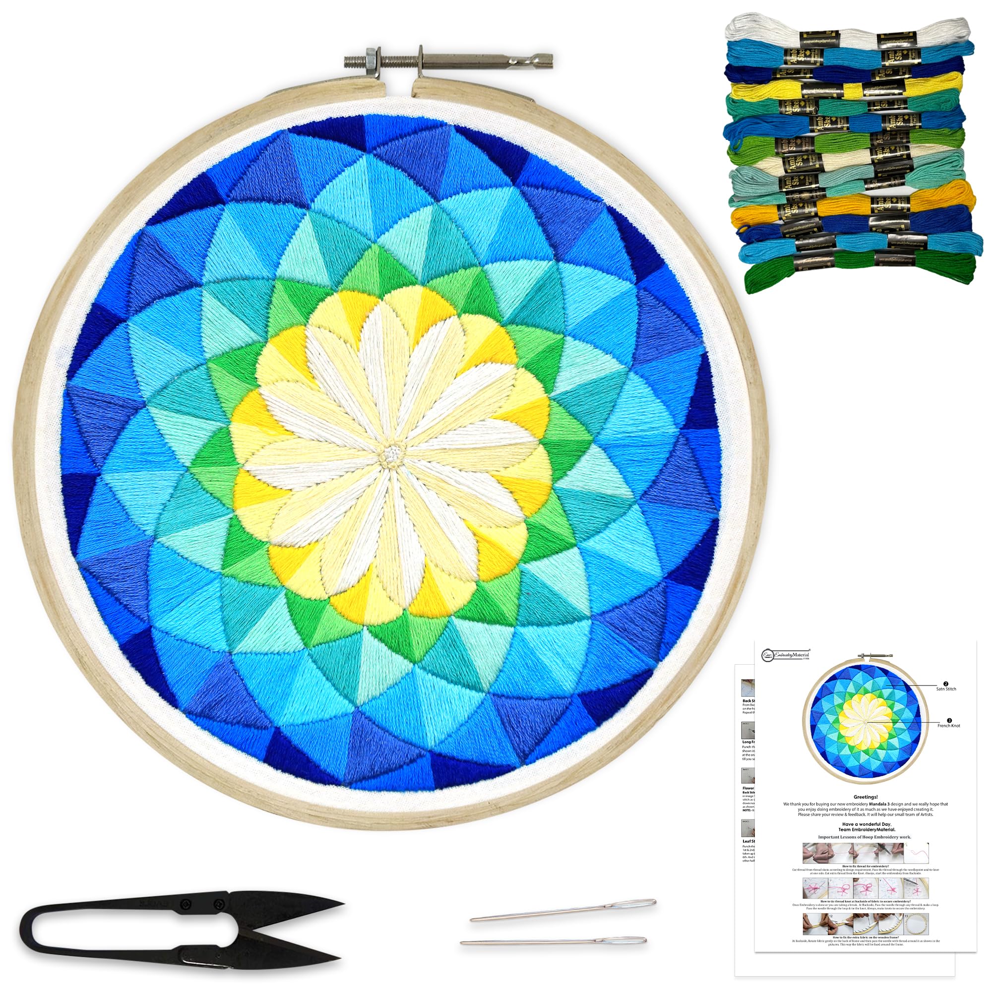Embroiderymaterial DIY Embroidery Kit for Beginner, Adults & Kids with Blue Mandala Circle Design Digital Printed Cloth/Fabric & Written Instructions All Material Included