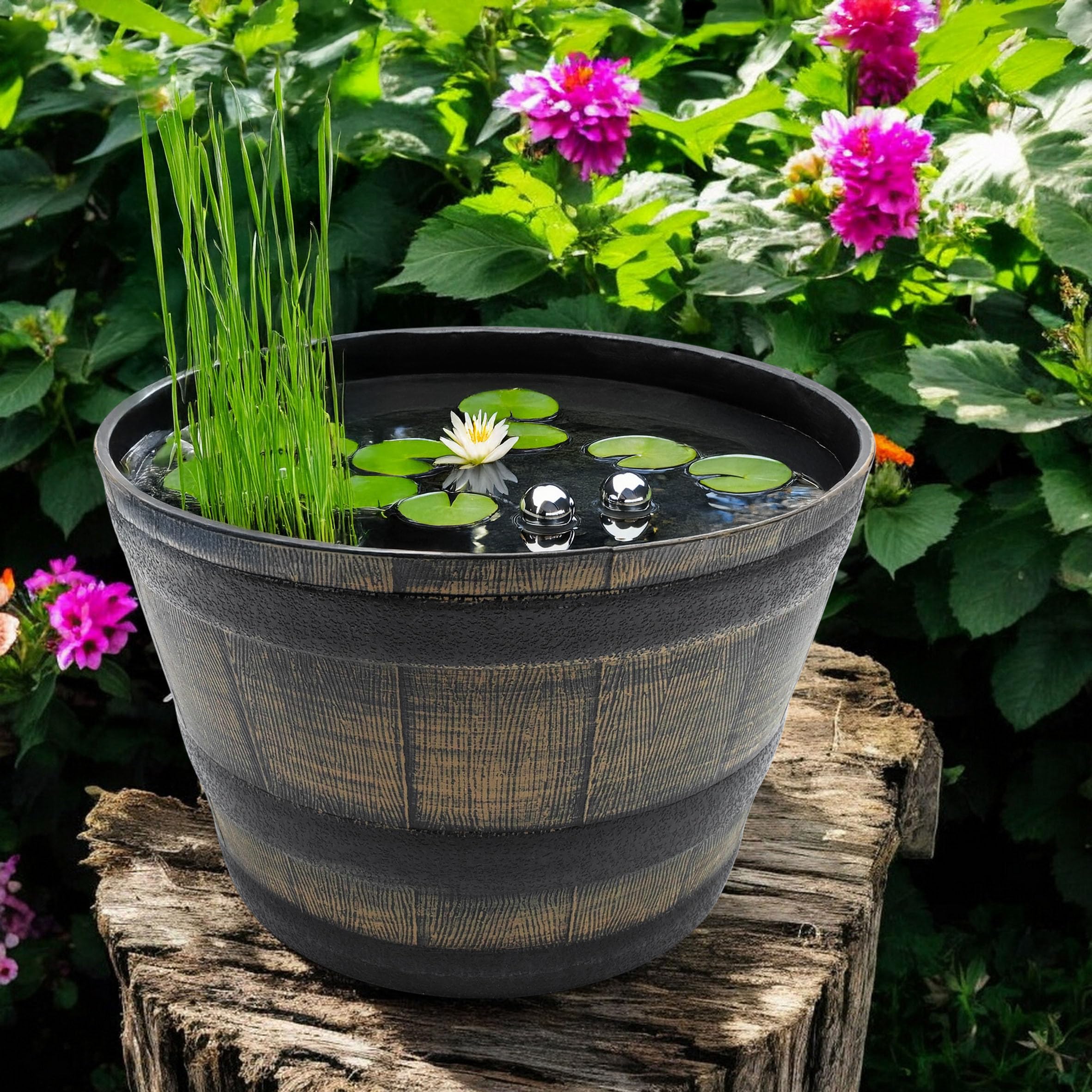 Spetebo Mini Bassin de Jardin en Plastique, Design Tonneau en Chêne Brun, 51 cm, Bac à Eau et Fleurs, Résistant aux Intempéries, Rustique, Outdoor