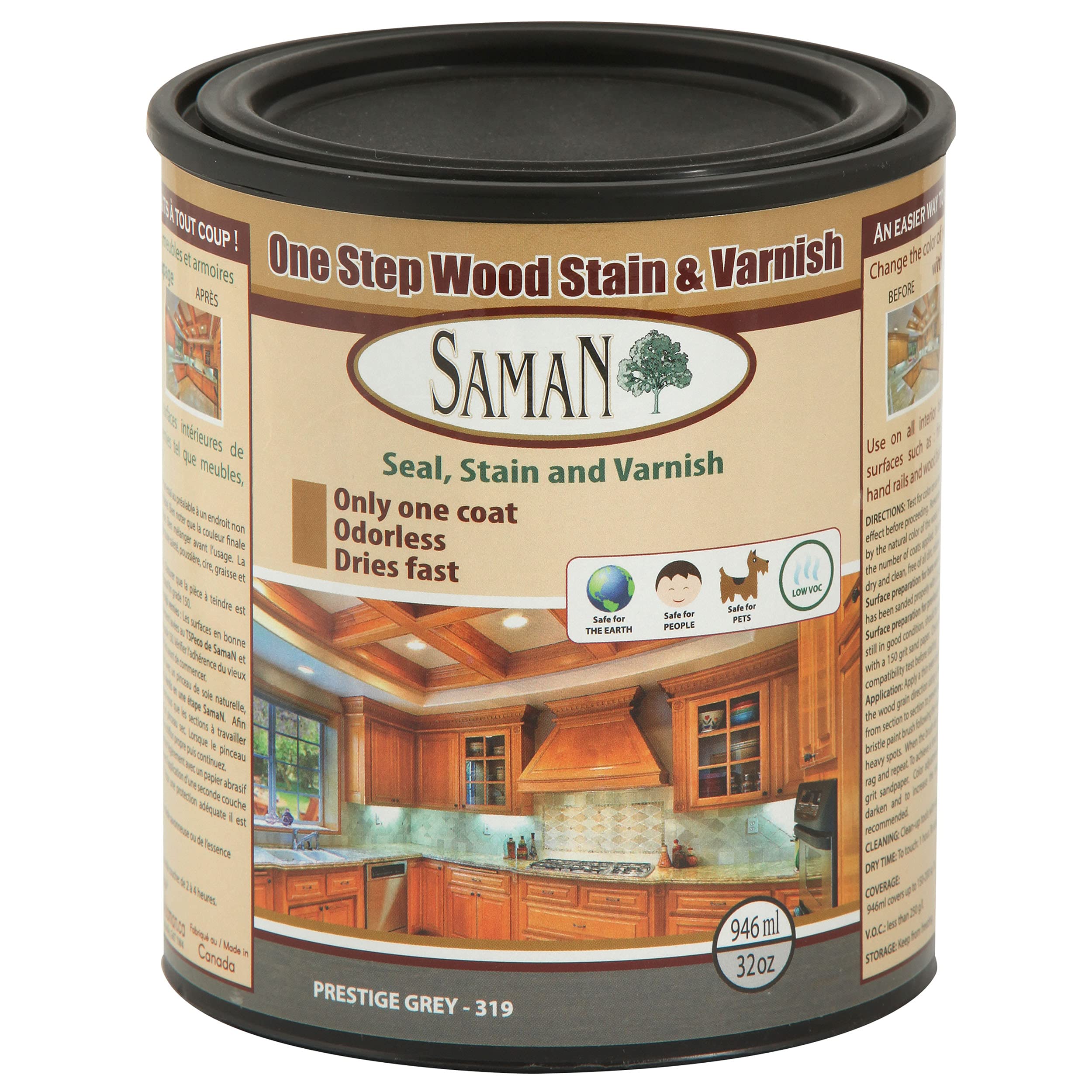 SamaNInterior One Step Wood Seal, Stain and Varnish – Oil Based Odorless Dye - Protection for Furniture and Fine Wood (Prestige Grey SAM-319, 32 oz)