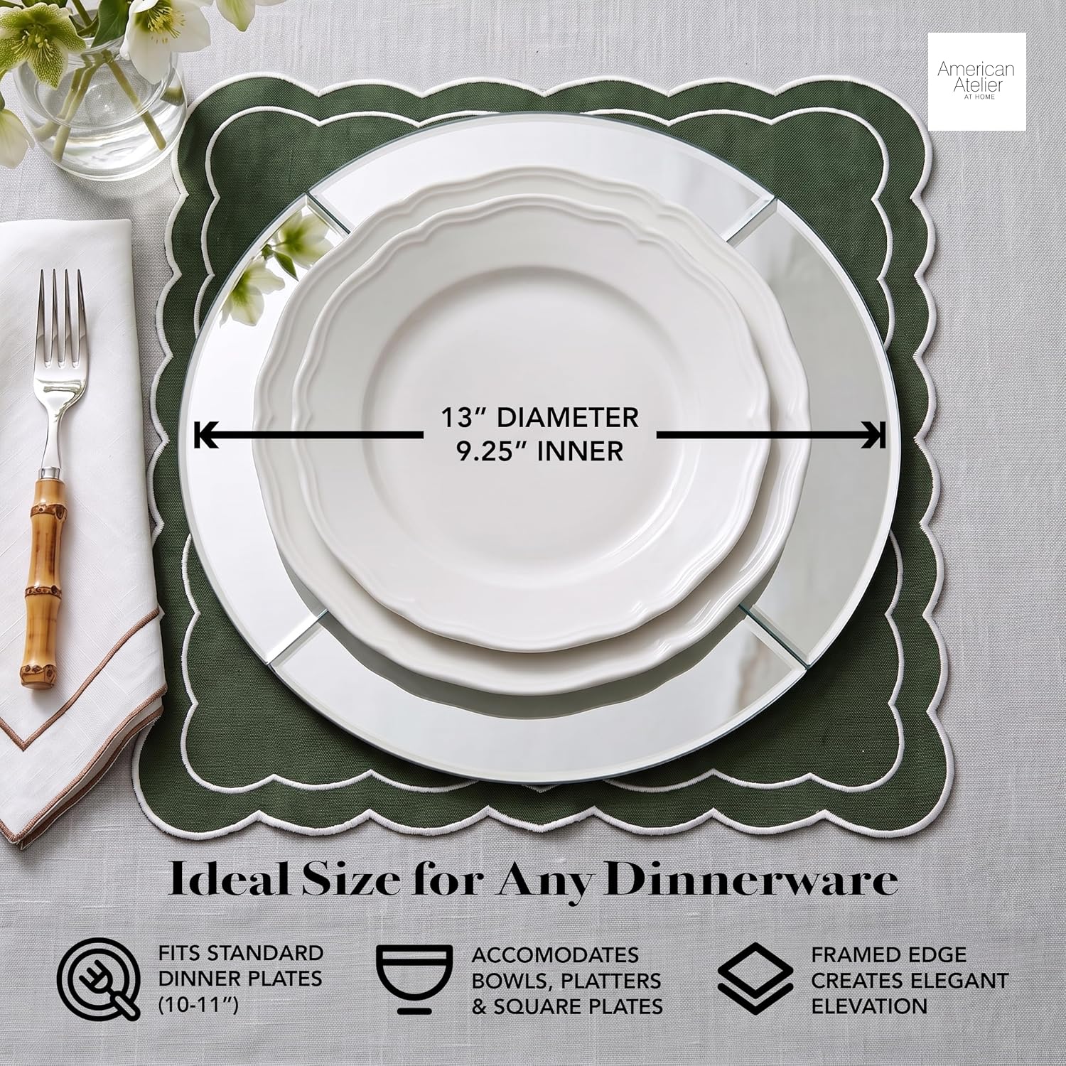 Charge It by Jay Mirror Glass Charger Plate 13” Decorative Melamine Service Plate for Home, Professional Dining, Perfect for Upscale Events, Dinner Parties, Weddings, Catering, 1 Piece, Round Framed