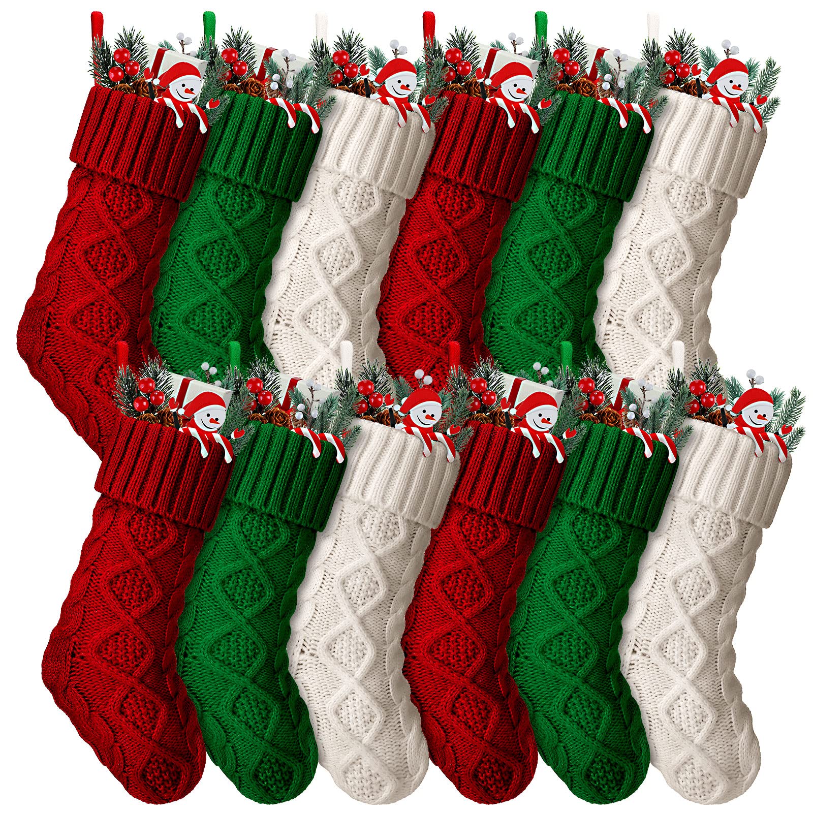 Lot de 12 chaussettes de Noël tricotées de 21,6 cm - Style vintage - Rustiques - Double face - Pour décoration de Noël familiale (rouge, vert, blanc, 12 pièces)