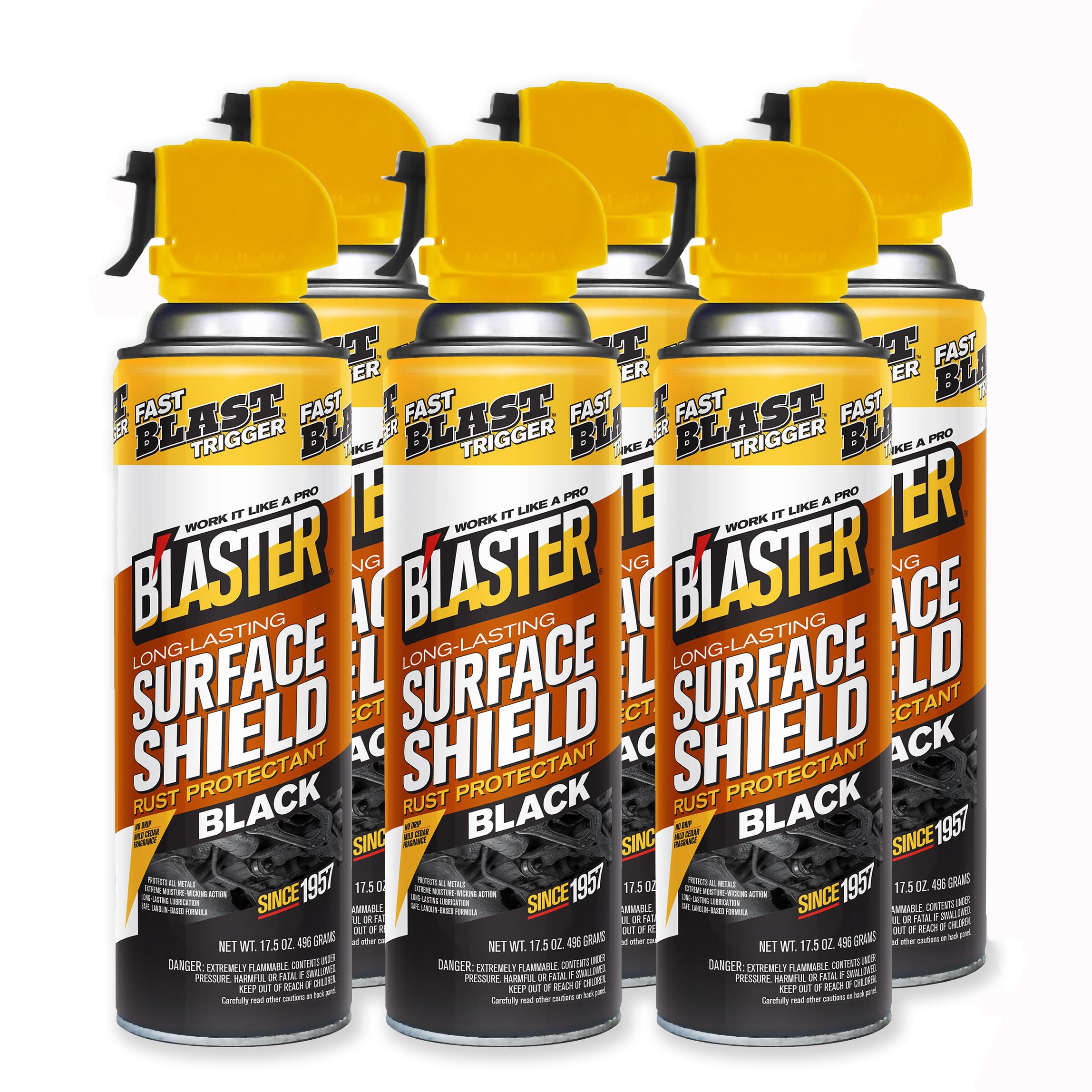 B'laster Surface Shield Black Series Spray Can with Trigger, Professional Automotive Undercoating for Rust Protection and Corrosion Prevention, 17.5 oz., Pack of 6