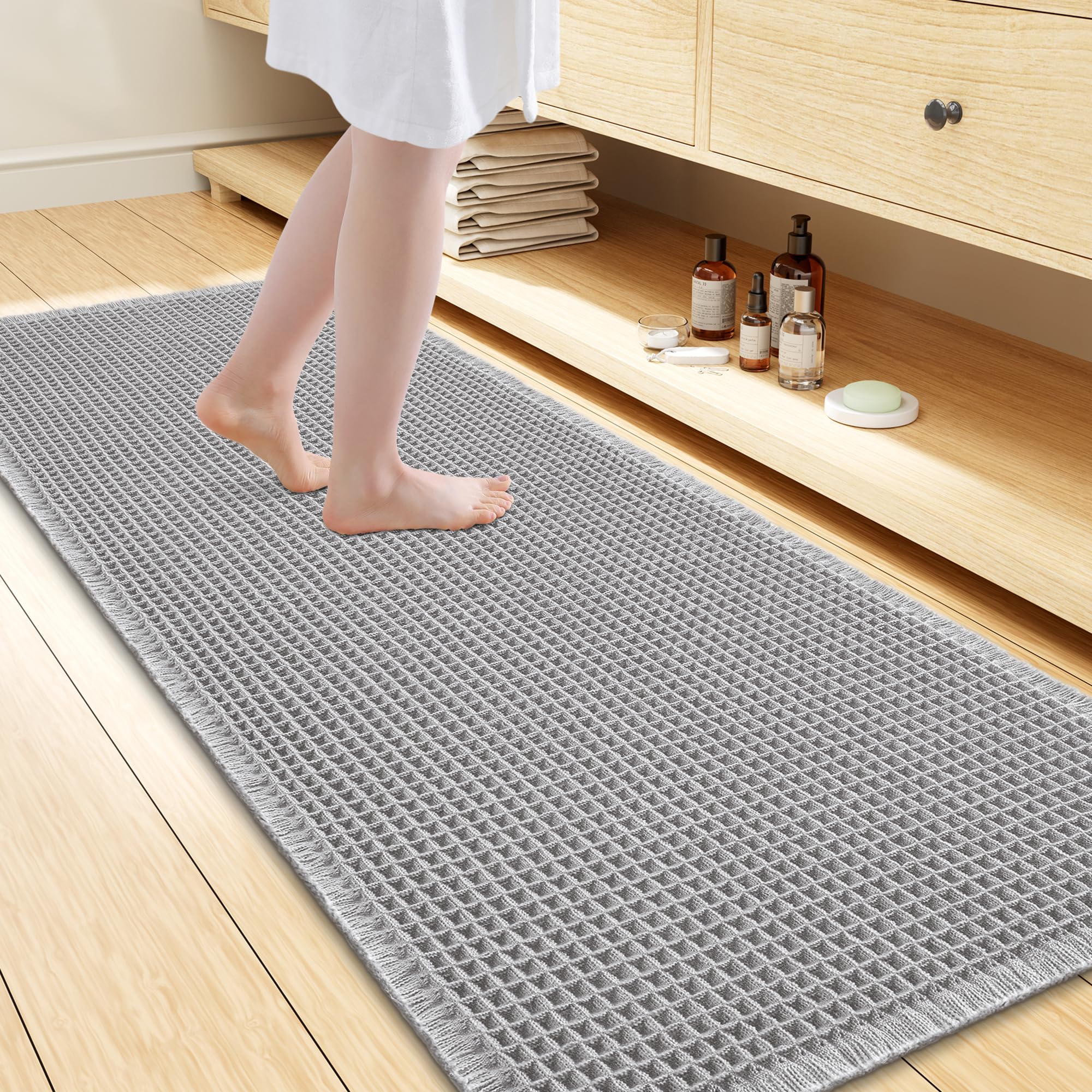 Smiry Waffle Bath Mat 47X24, Extra Soft Absorbent Bathroom Rugs, Light Grey