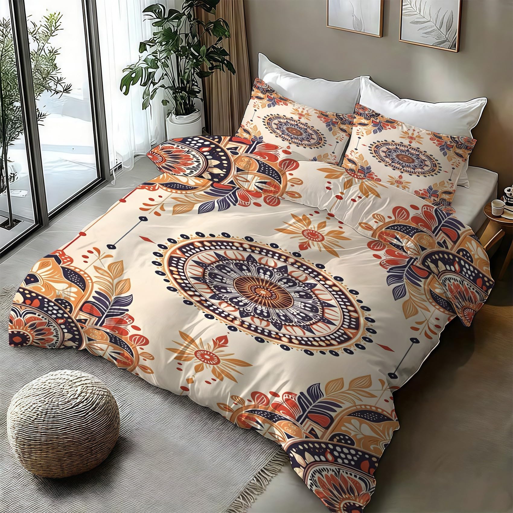 Copripiumino Matrimoniale 240x220 Piante geometriche Mandala etnico Biancheria da Letto Morbido Microfibra Copri Piumone e 2 Federe Abbinate, con Zip PA2975