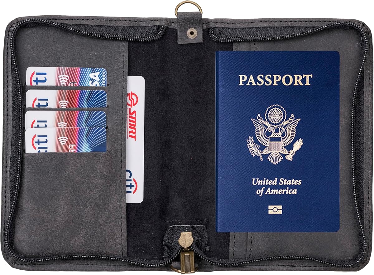 Personalized Leather Passport Holder for Travel Family with Card Slots | Full Grain Leather Custom Passport Case, Black, Brown, Purple & Medium, Large