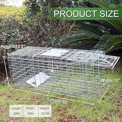 Miniatura 7 de Trampa para animales vivos, trampas de mapache de 32 pulgadas, trampas vivas para mapaches, trampa resistente para gatos callejeros, de acero