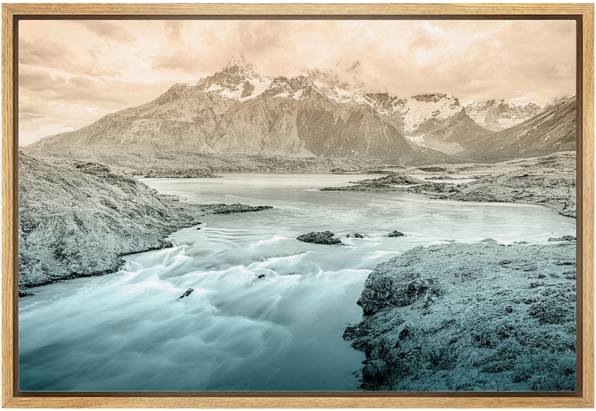 Amazon.com: wall26 裱框無框畫壁掛藝術雙色調橘色藍山與森林Lake