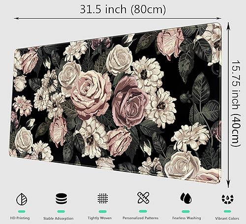 Miniatura 2 de Retro Rose Floral Desk Mat Vintage Flower Plant Mouse Pad XXL Large Gaming Mousepad Cute Desk Pad Computer Mat 31.5x15.75 in, Cool Desktop